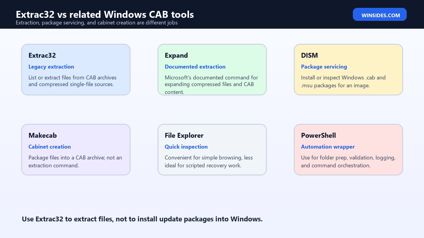 Extrac32 compared with Expand DISM and Makecab