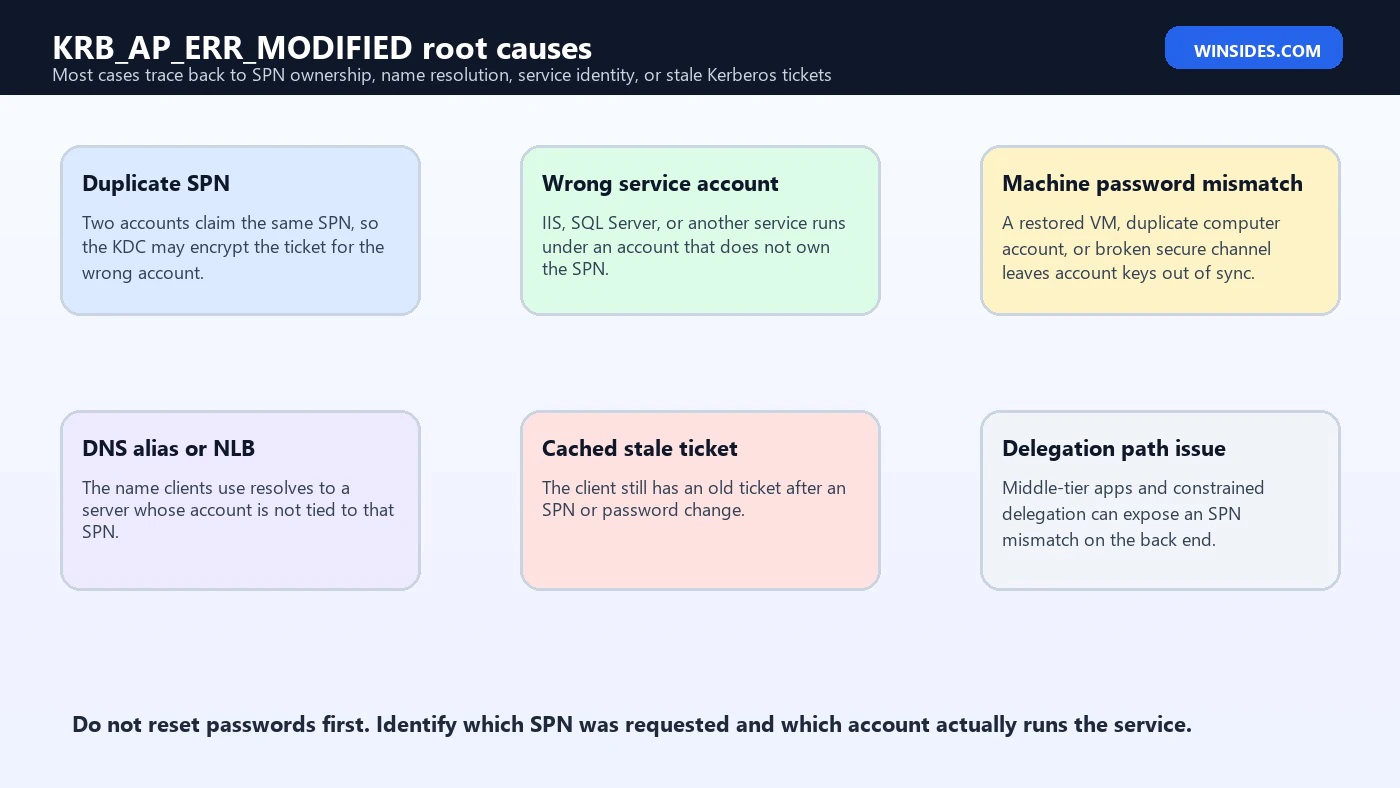 KRB_AP_ERR_MODIFIED root causes
