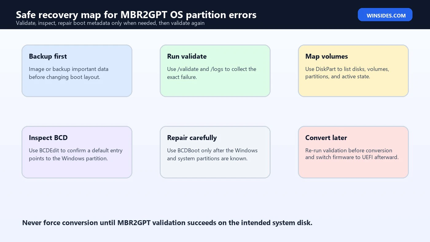 Safe recovery map for MBR2GPT OS partition errors