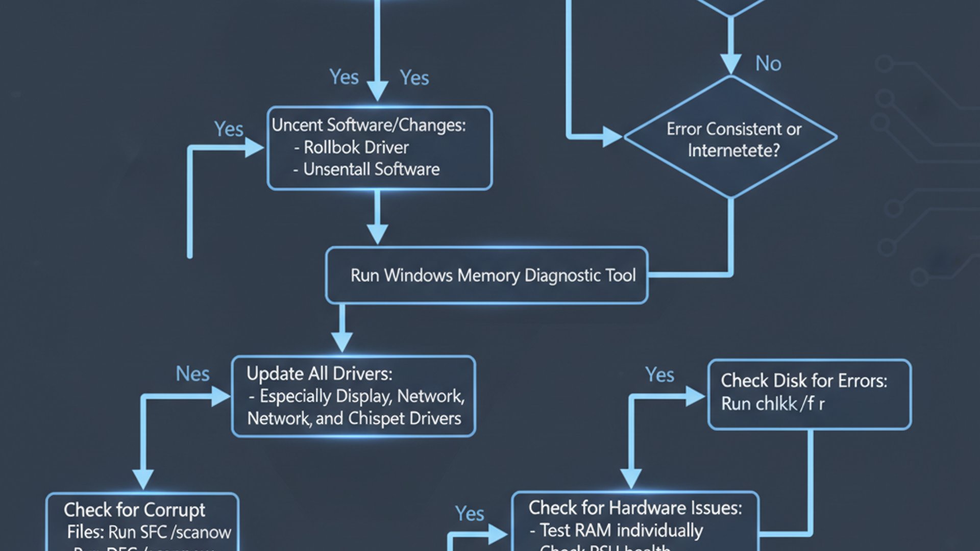 Process flowchart for 0x00000050 page_fault_in_nonpaged_area on Windows 11, modern design, professio