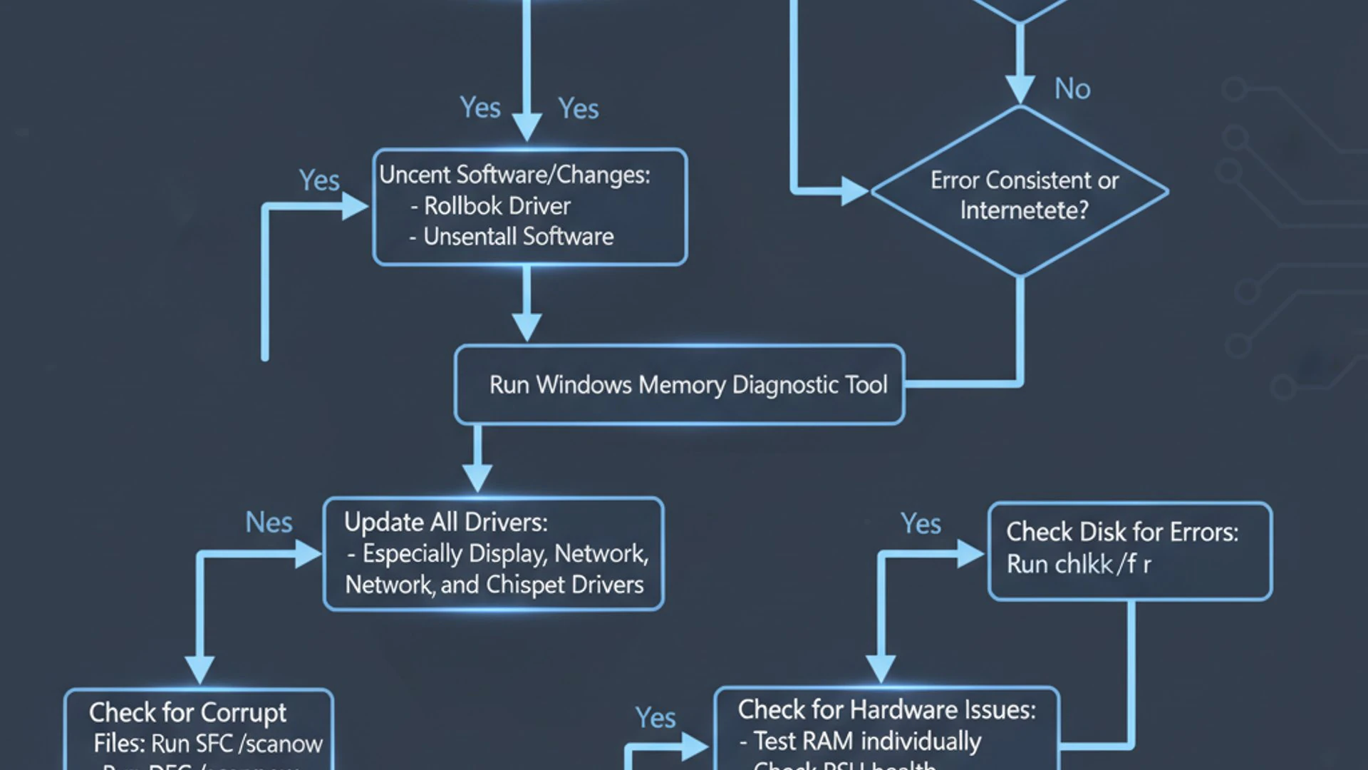 Process flowchart for 0x00000050 page_fault_in_nonpaged_area on Windows 11, modern design, professio