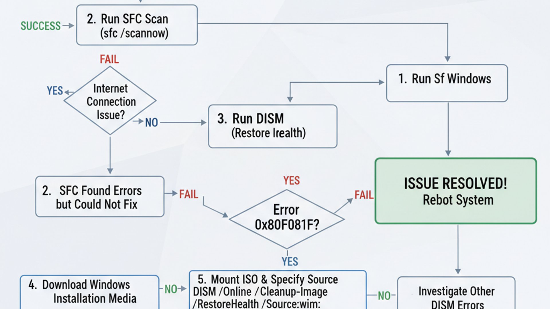 Process flowchart for 0x800f081f dism, modern design, professional appearance
