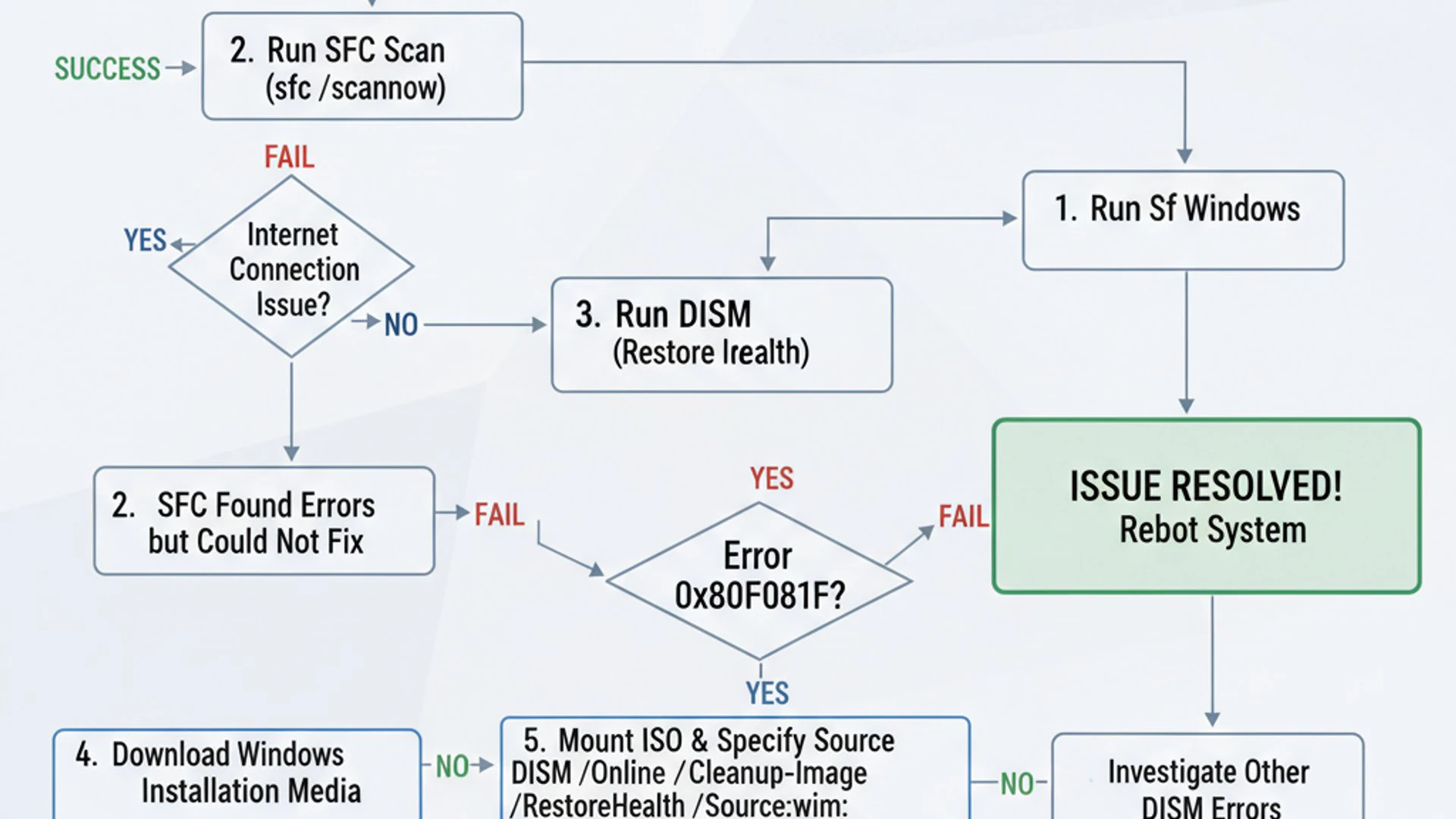 Process flowchart for 0x800f081f dism, modern design, professional appearance
