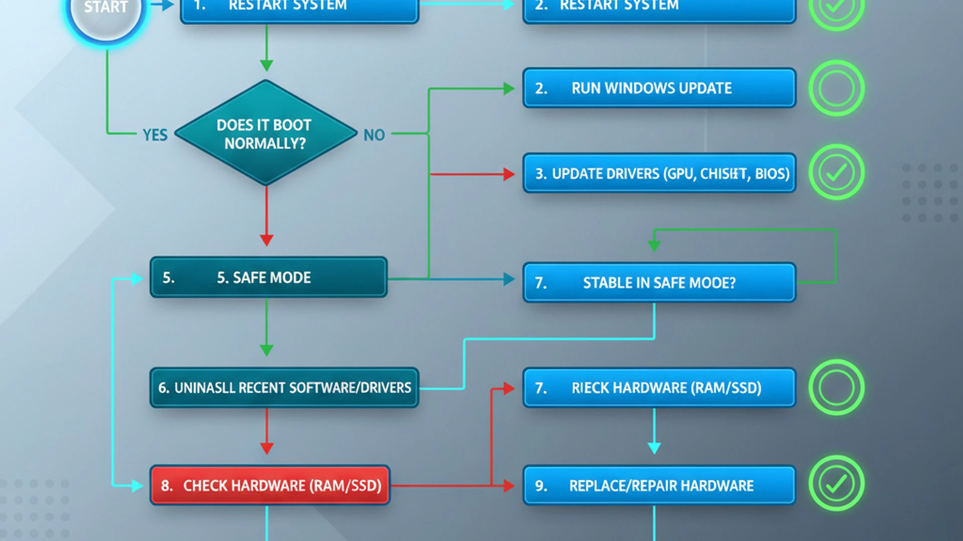 Process flowchart for acer nitro 5 blue screen on Windows 11, modern design, professional appearance