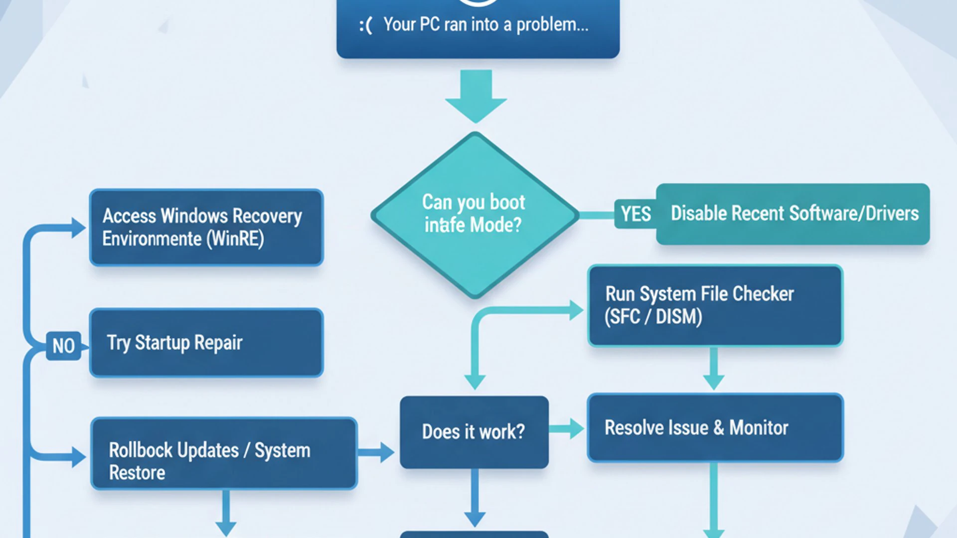 Process flowchart for blue screen of death on Windows 11, modern design, professional appearance