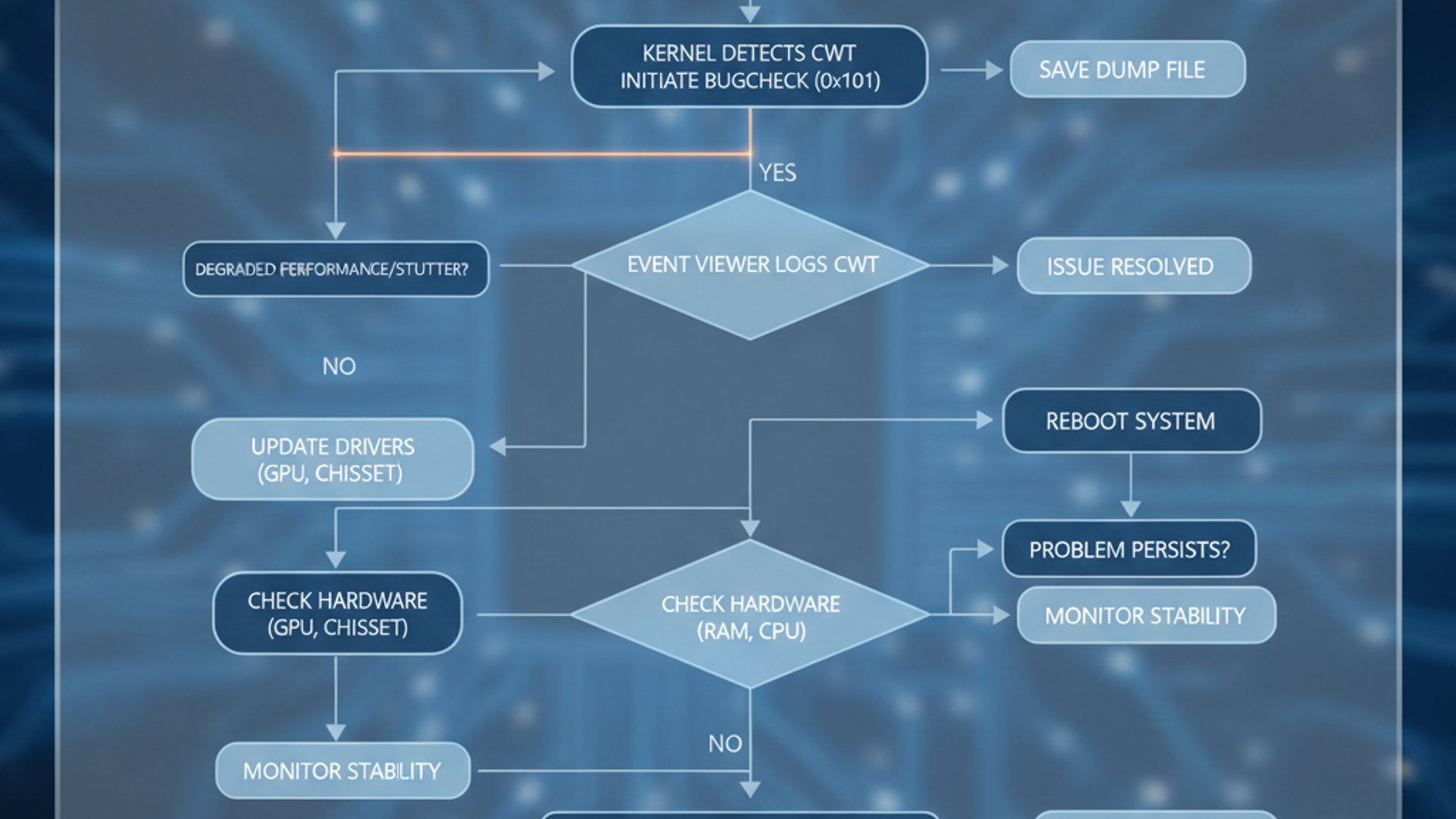 Process flowchart for clock watchdog timeout windows 11, modern design, professional appearance
