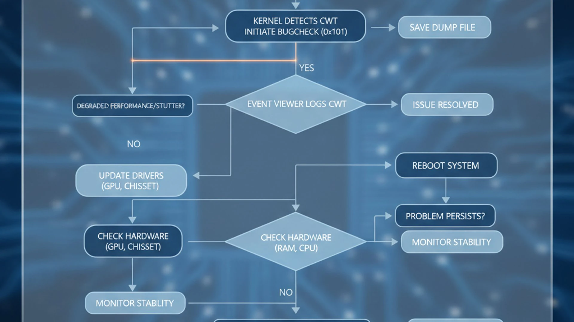 Process flowchart for clock watchdog timeout windows 11, modern design, professional appearance
