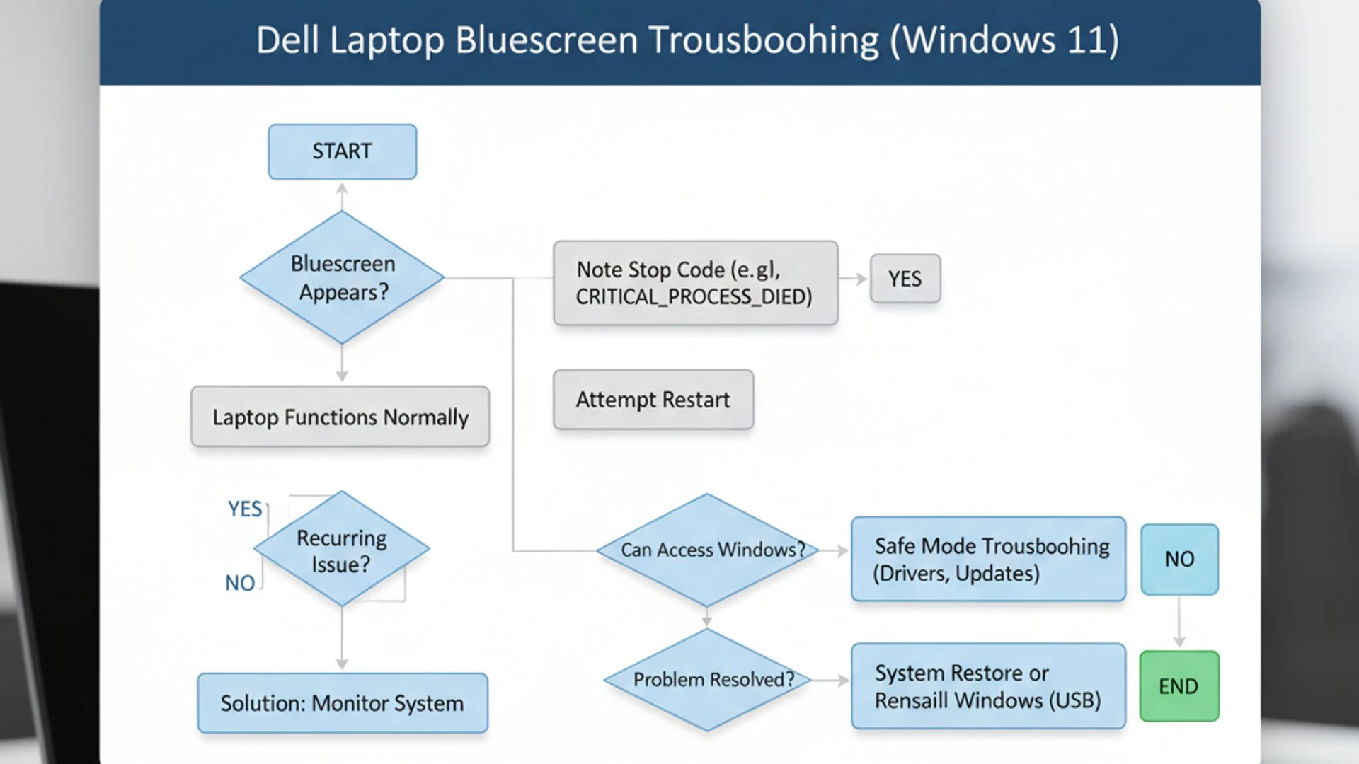 Process flowchart for Dell Laptop Bluescreen on Windows 11, modern design, professional appearance