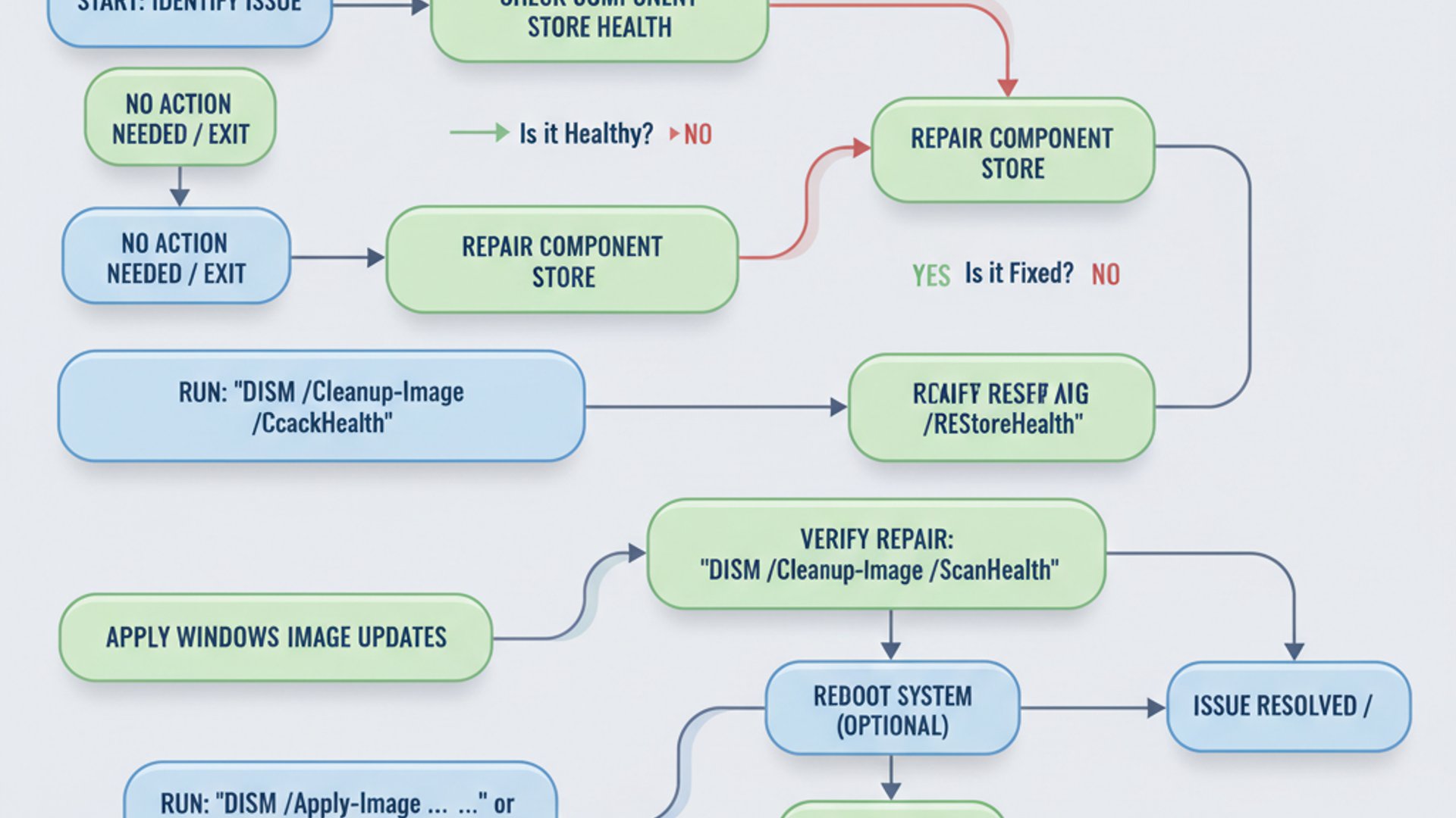 Process flowchart for dism commands, modern design, professional appearance