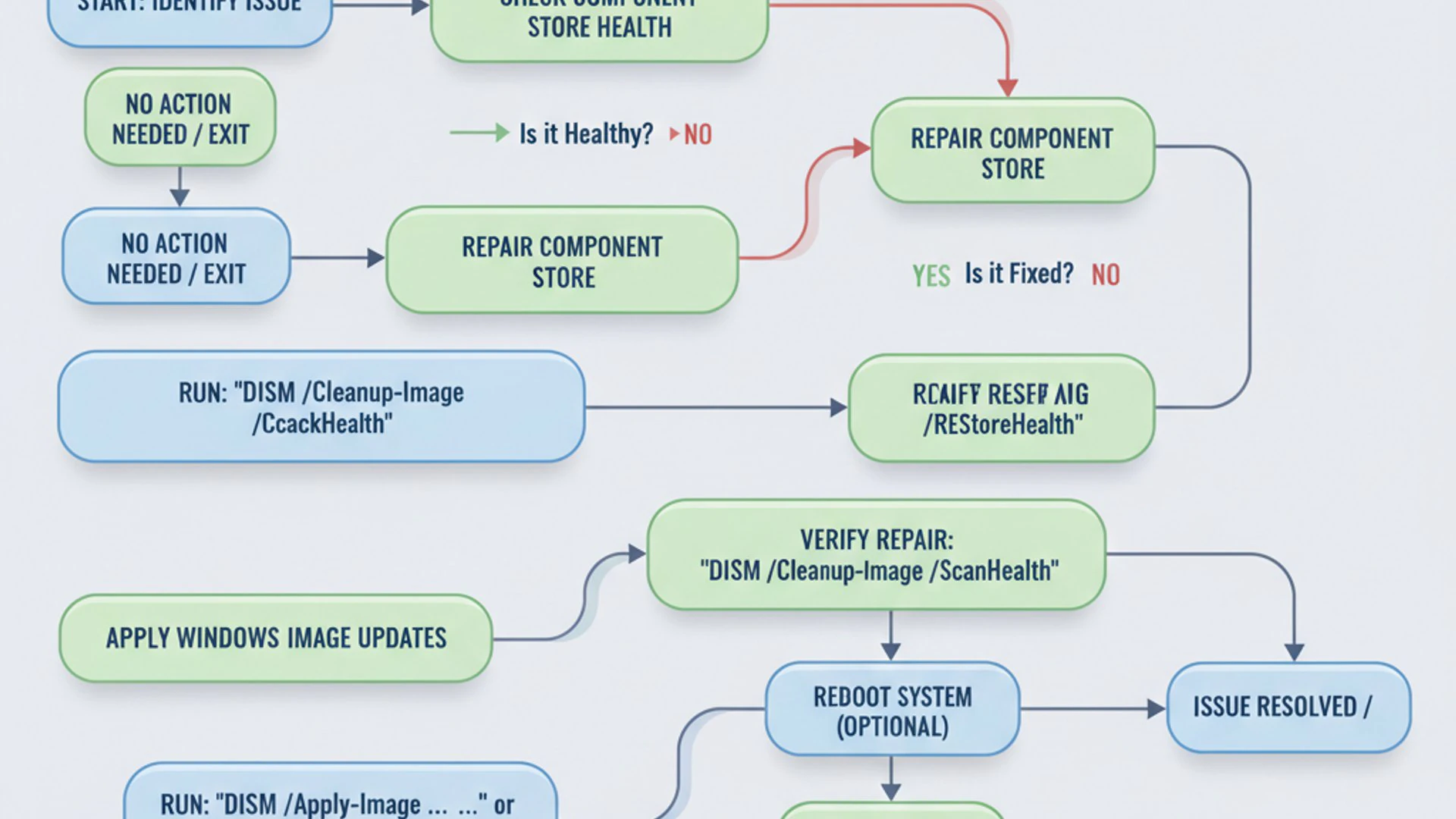 Process flowchart for dism commands, modern design, professional appearance