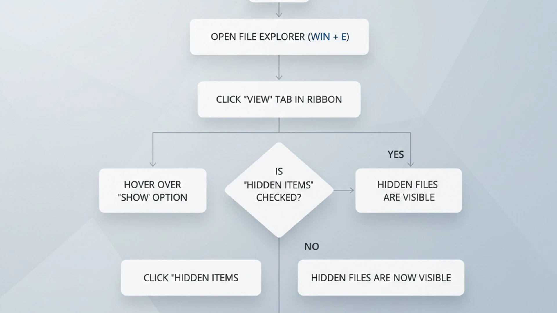 Process flowchart for How to see hidden files in Windows 11, modern design, professional appearance