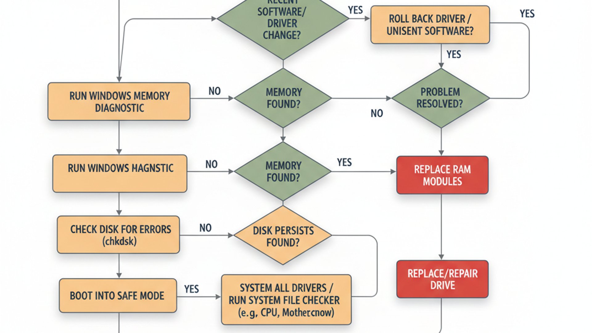 Process flowchart for irql_not_less_or_equal windows 11, modern design, professional appearance