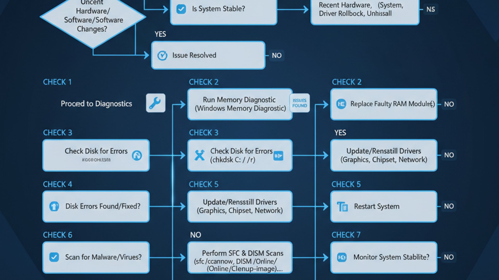 Process flowchart for ntoskrnl exe blue screen on Windows 11, modern design, professional appearance