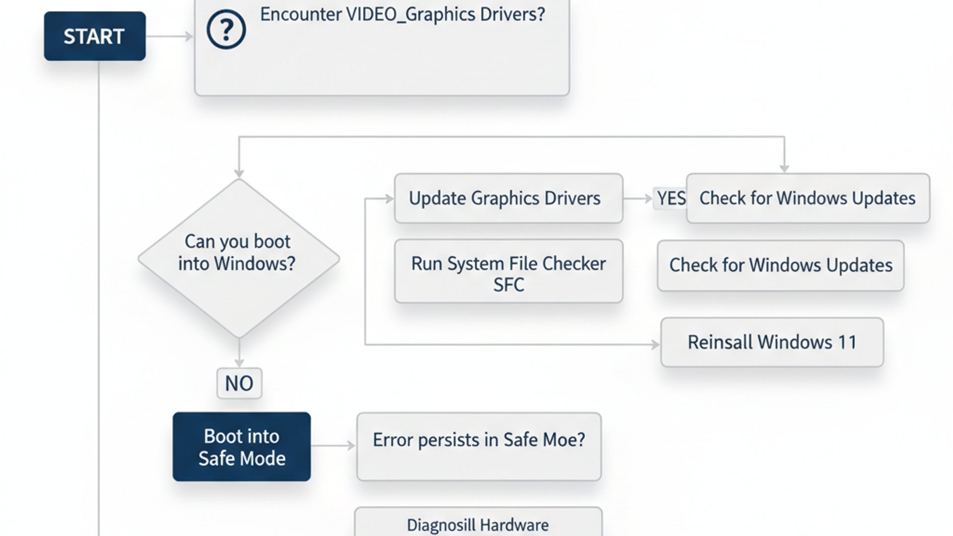 Process flowchart for VIDEO_DXGKRNL_FATAL_ERROR on Windows 11, modern design, professional appearanc