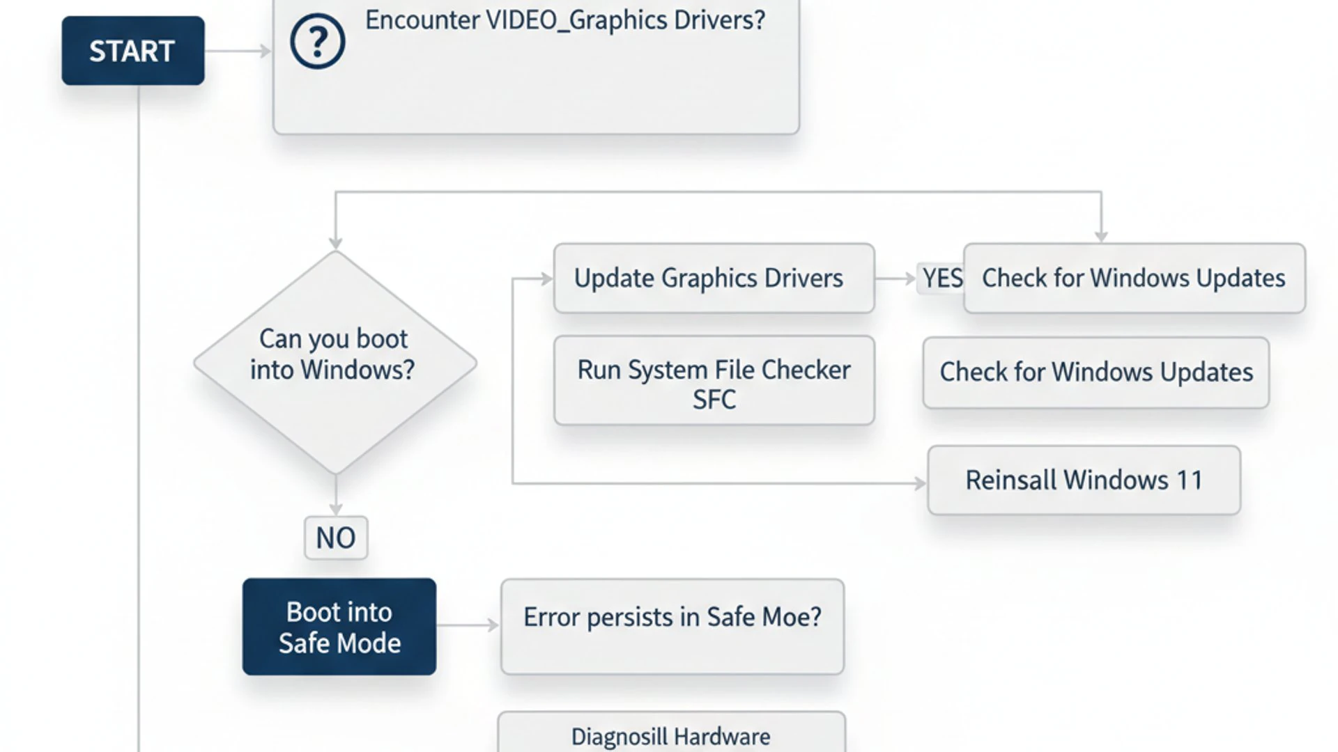 Process flowchart for VIDEO_DXGKRNL_FATAL_ERROR on Windows 11, modern design, professional appearanc