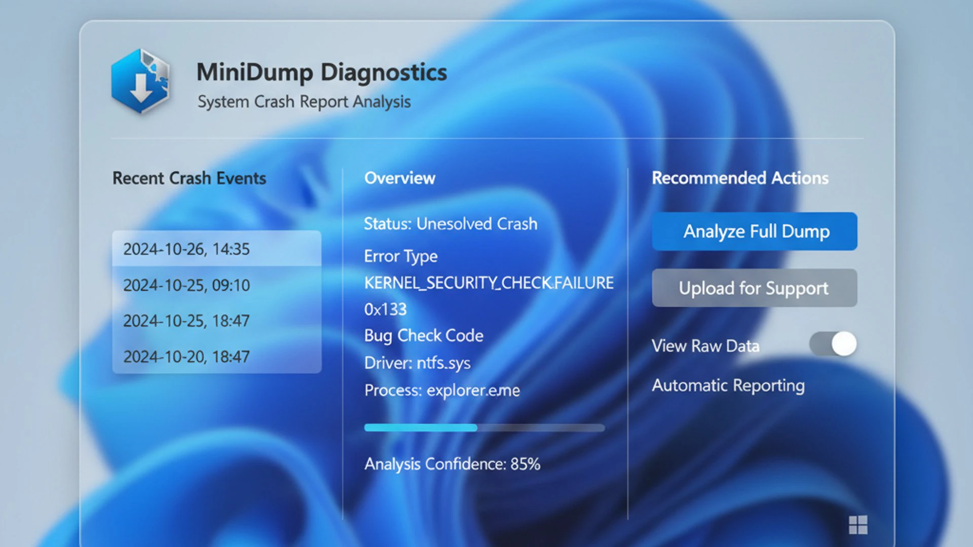 Relevant concept visualization for MiniDump windows 11, modern design