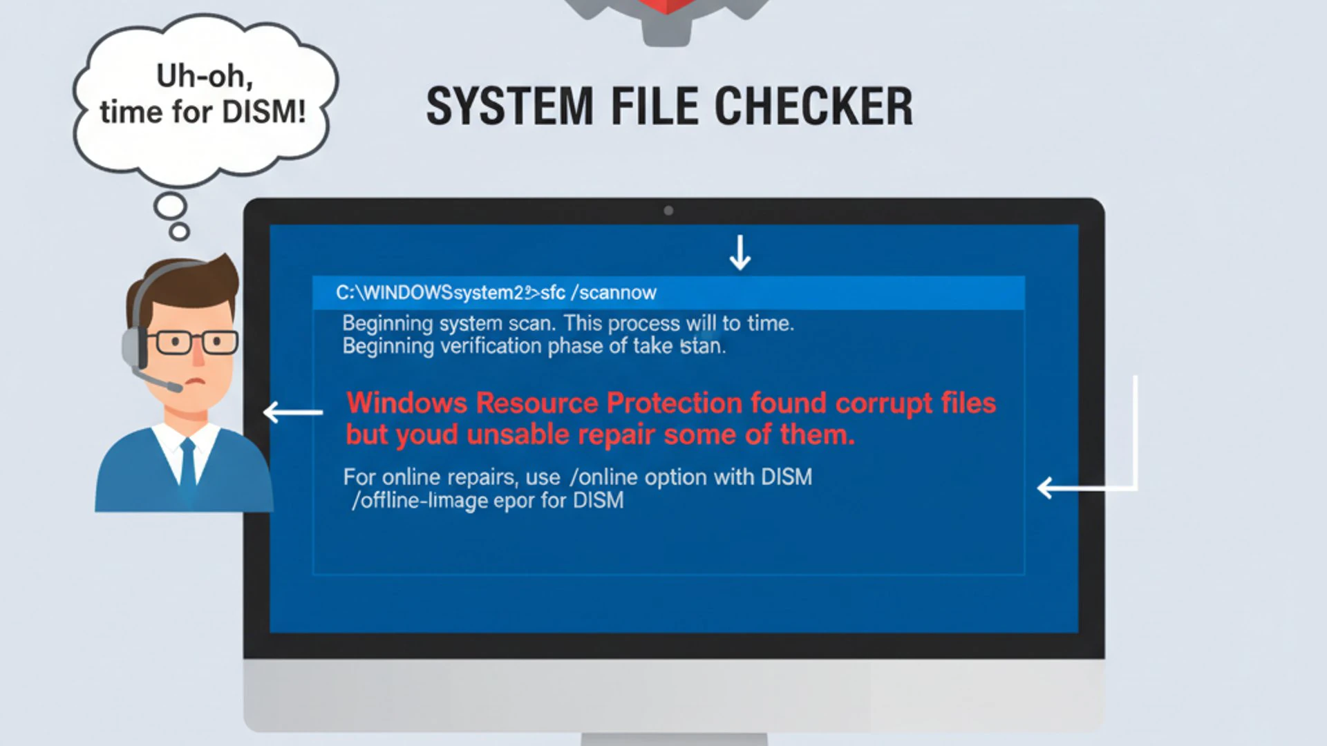 Professional illustration about SFC found corrupt files but could not repair on Windows 11, informat