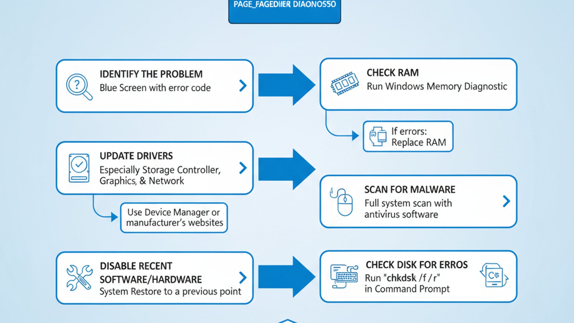 Professional step-by-step diagram for 0x00000050 page_fault_in_nonpaged_area on Windows 11, clean in