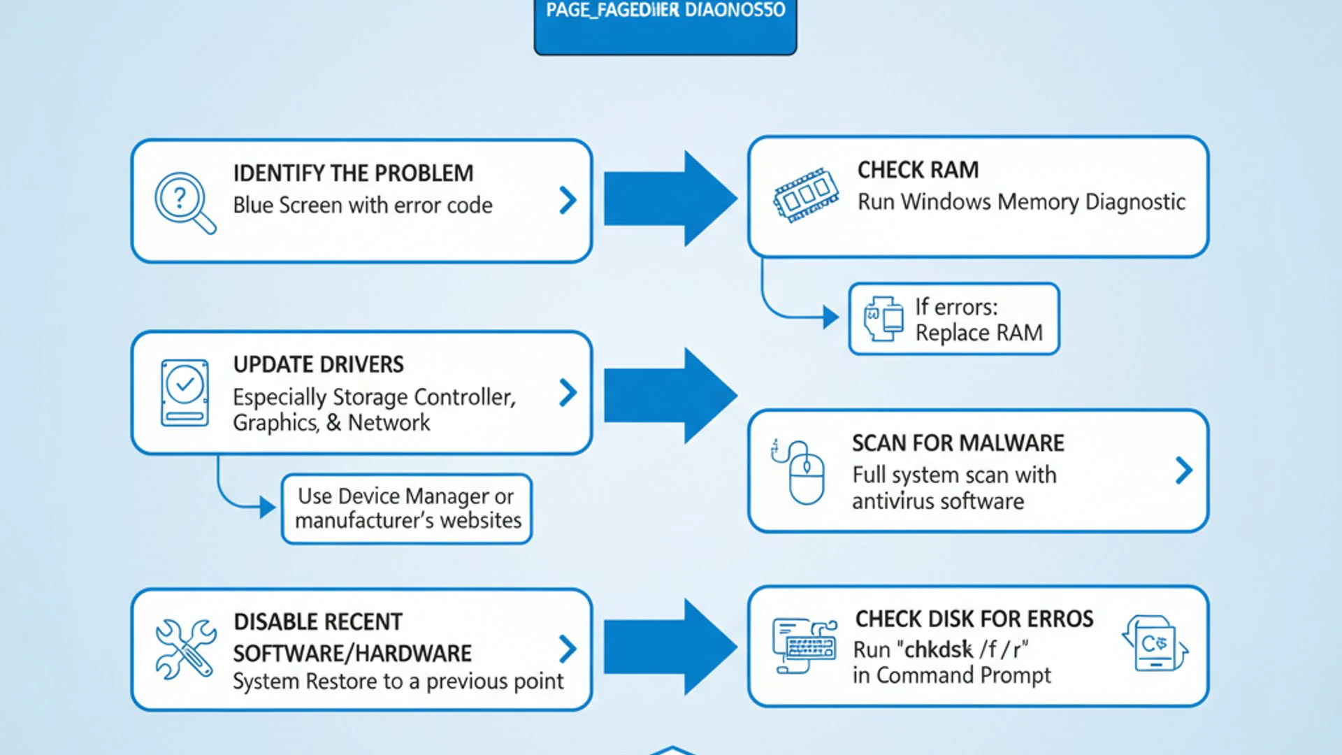 Professional step-by-step diagram for 0x00000050 page_fault_in_nonpaged_area on Windows 11, clean in