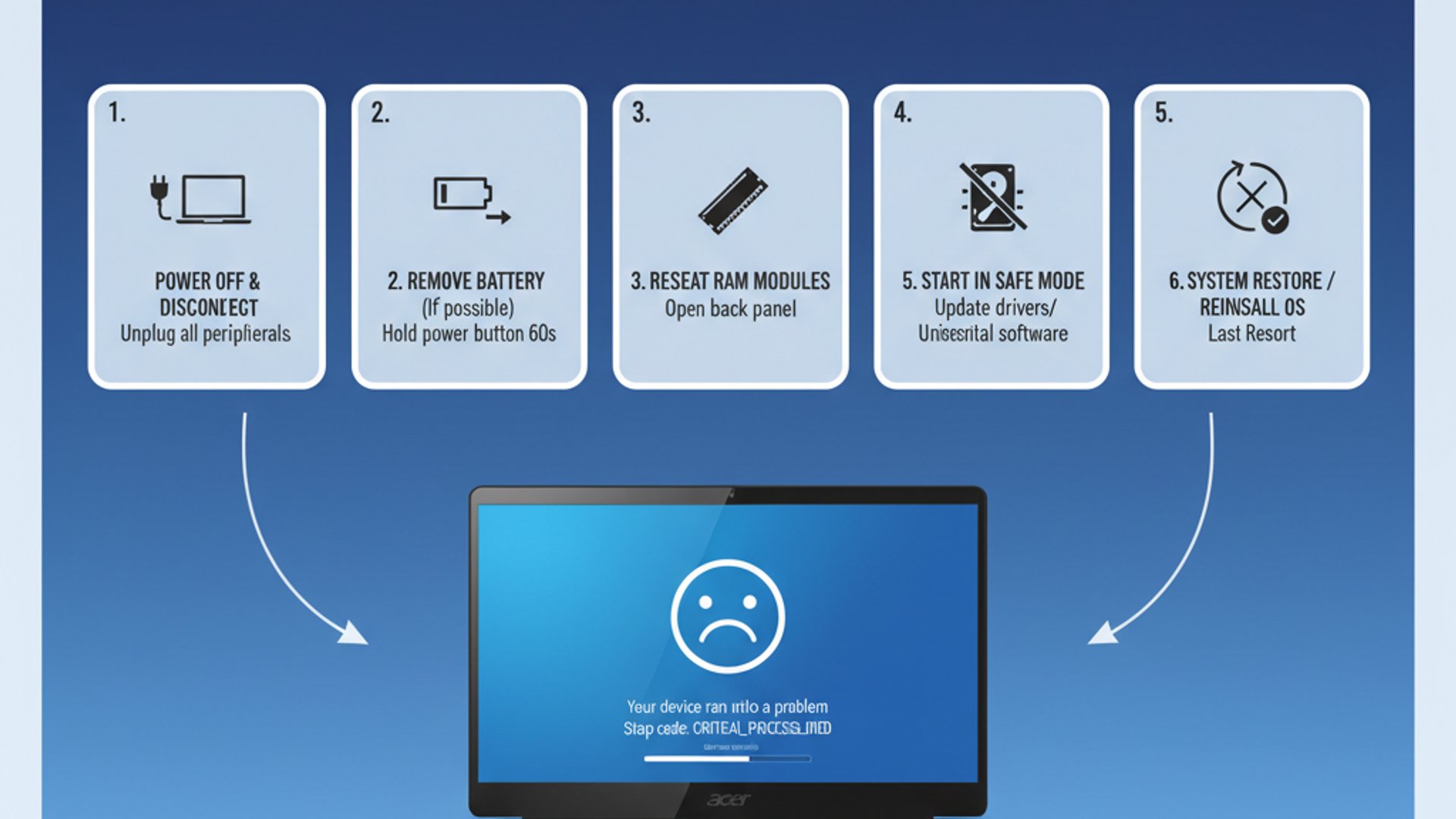 Professional step-by-step diagram for acer nitro 5 blue screen on Windows 11, clean infographic styl