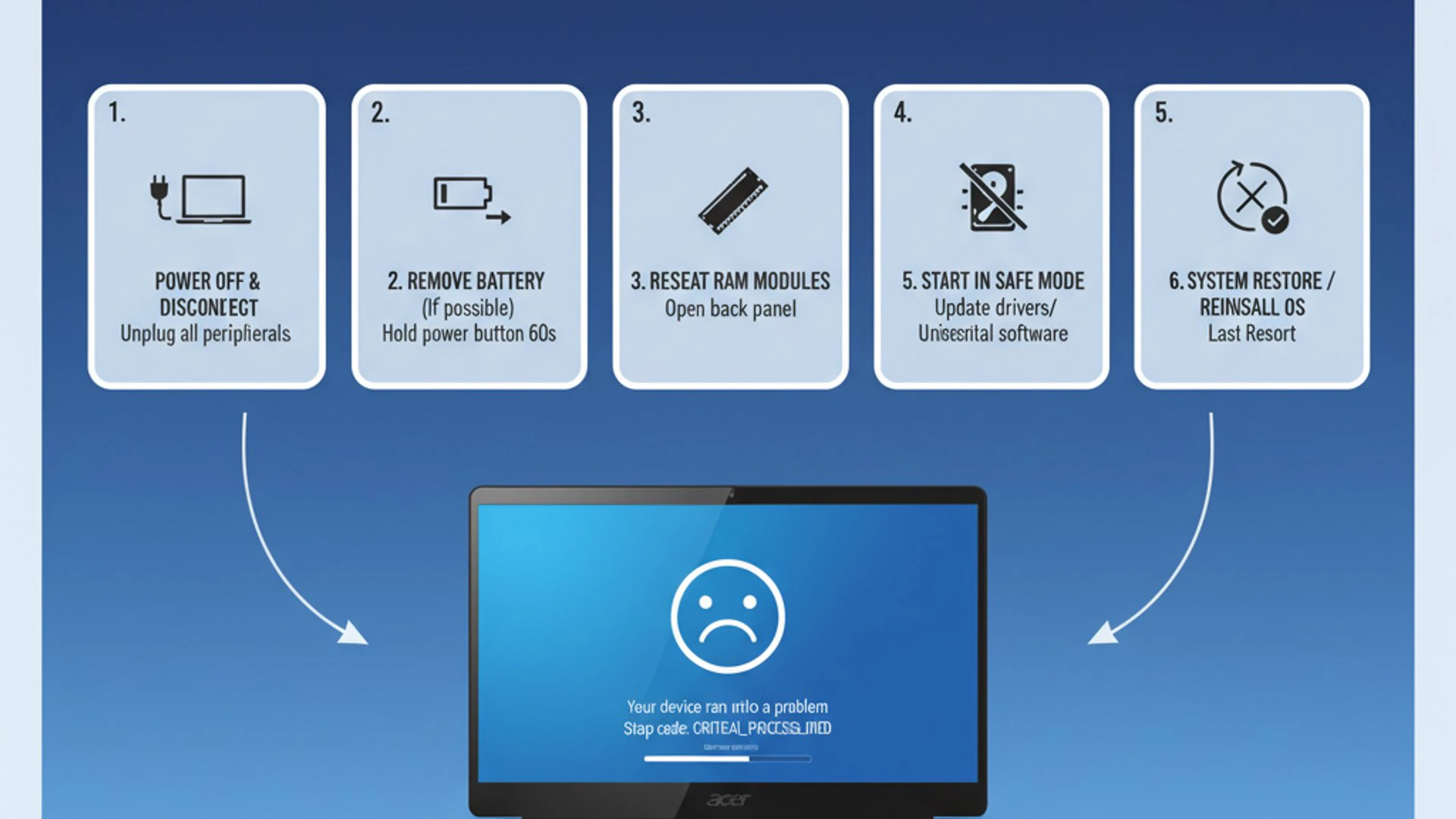 Professional step-by-step diagram for acer nitro 5 blue screen on Windows 11, clean infographic styl