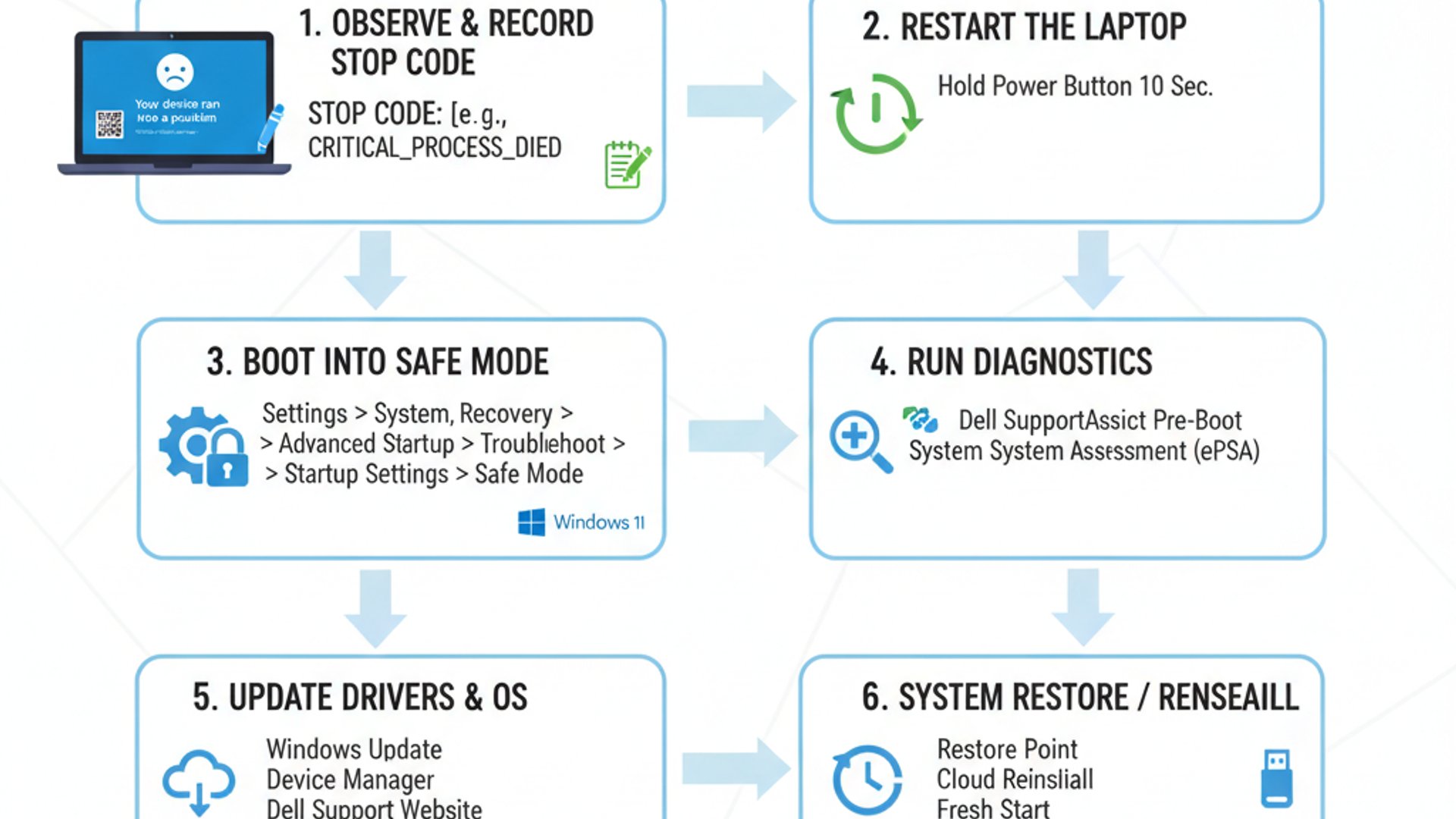 Professional step-by-step diagram for Dell Laptop Bluescreen on Windows 11, clean infographic style,