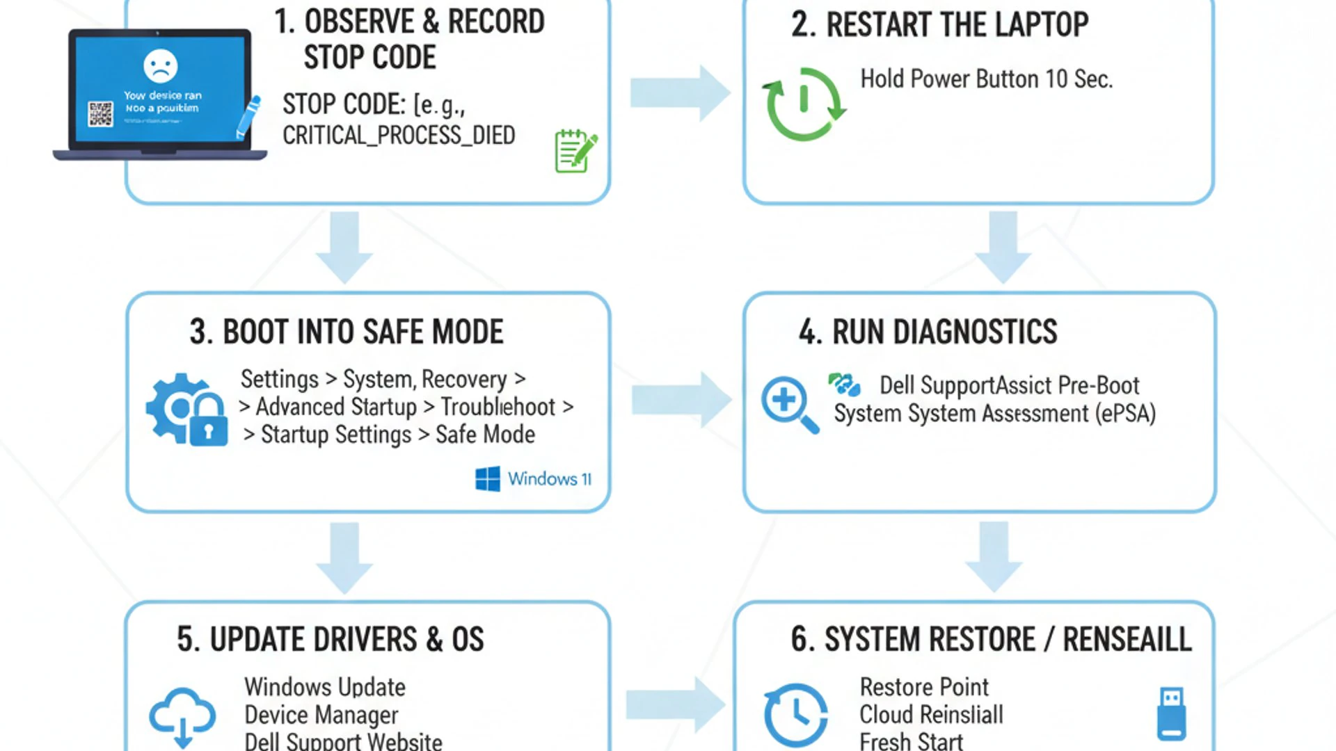 Professional step-by-step diagram for Dell Laptop Bluescreen on Windows 11, clean infographic style,