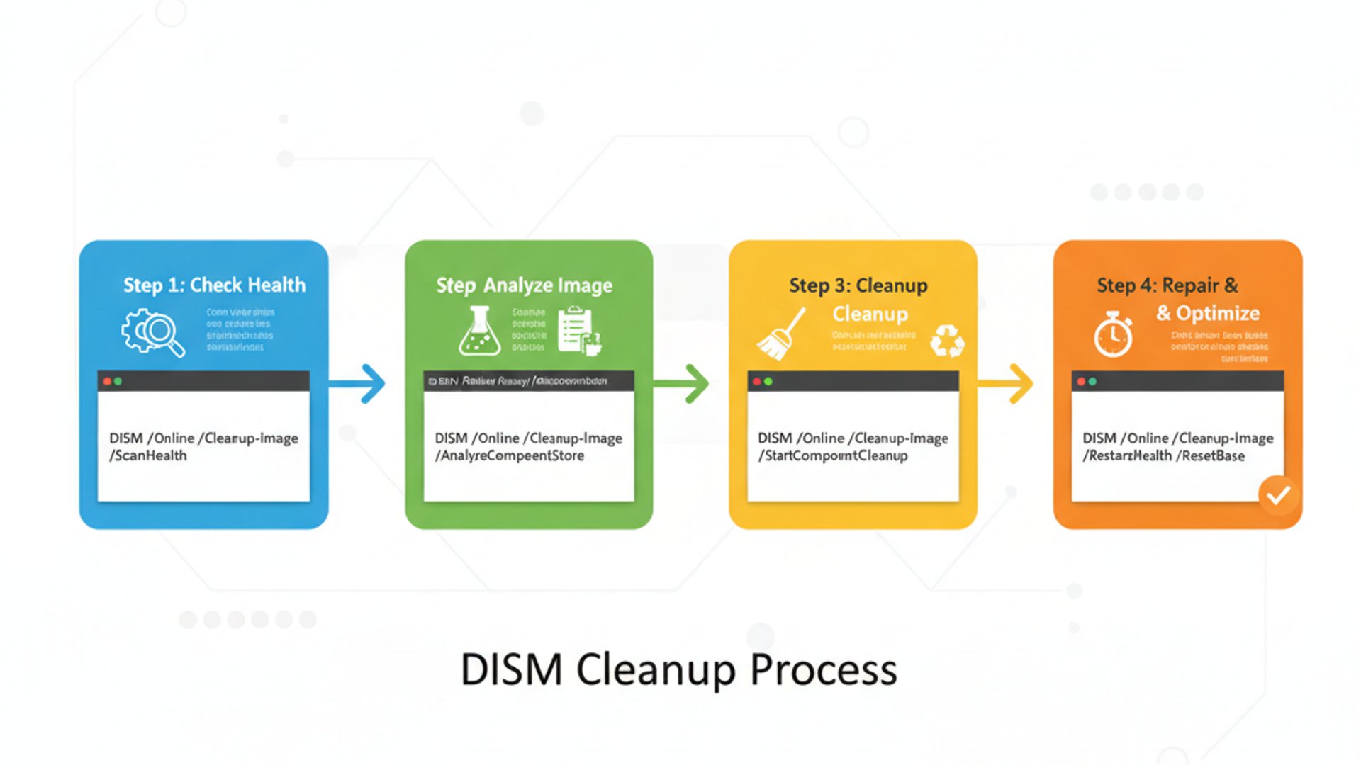 Professional step-by-step diagram for dism cleanup image, clean infographic style, technical illustr