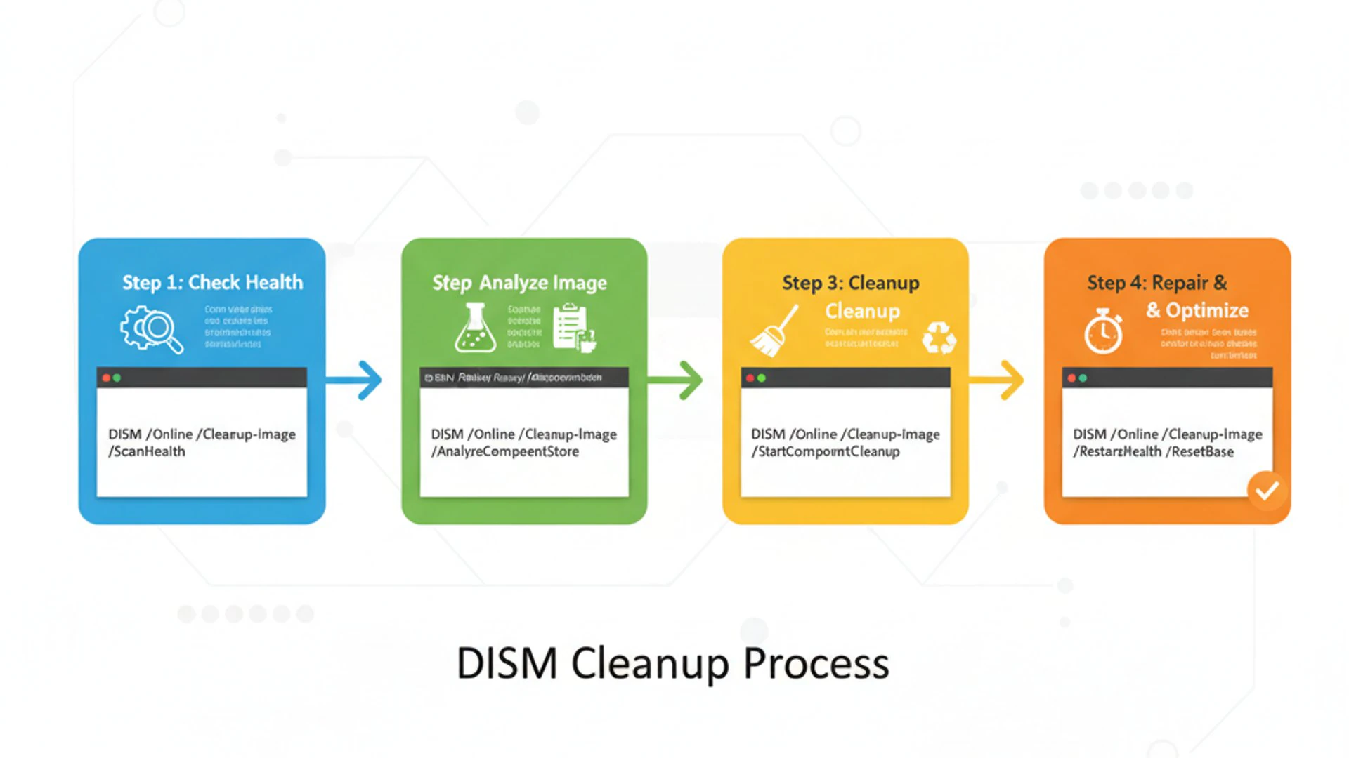 Professional step-by-step diagram for dism cleanup image, clean infographic style, technical illustr