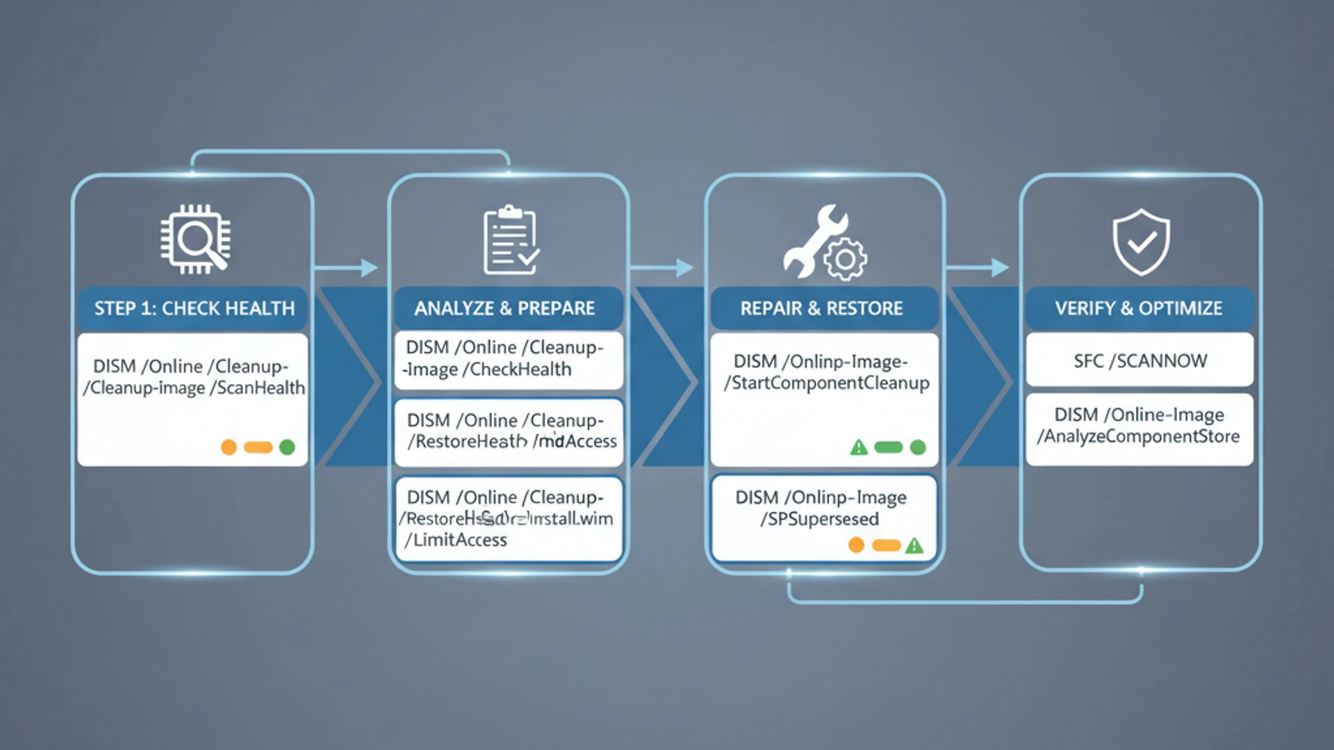 Professional step-by-step diagram for dism commands, clean infographic style, technical illustration