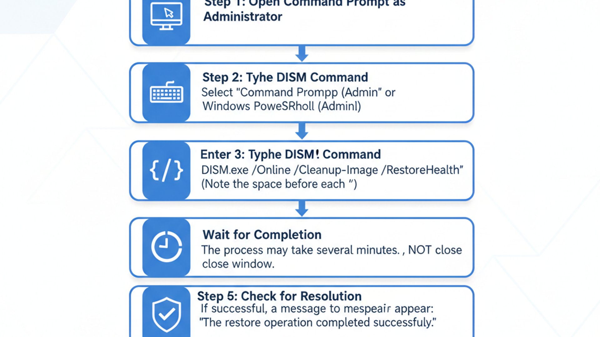 Professional step-by-step diagram for dism error87, clean infographic style, technical illustration
