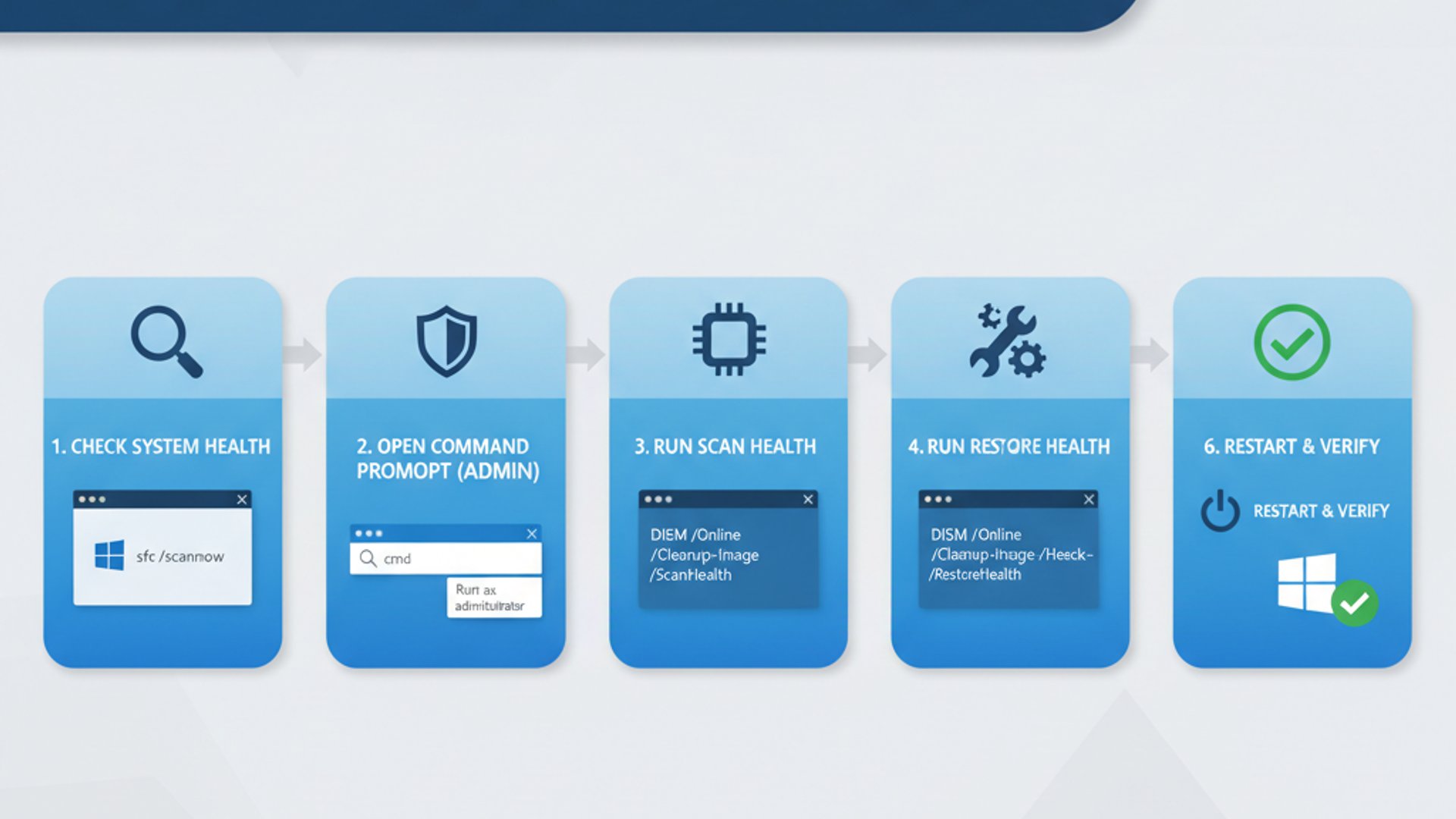 Professional step-by-step diagram for DISM on Windows 11, clean infographic style, technical illustr