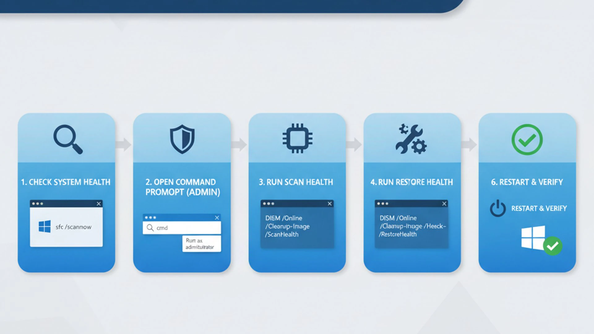 Professional step-by-step diagram for DISM on Windows 11, clean infographic style, technical illustr