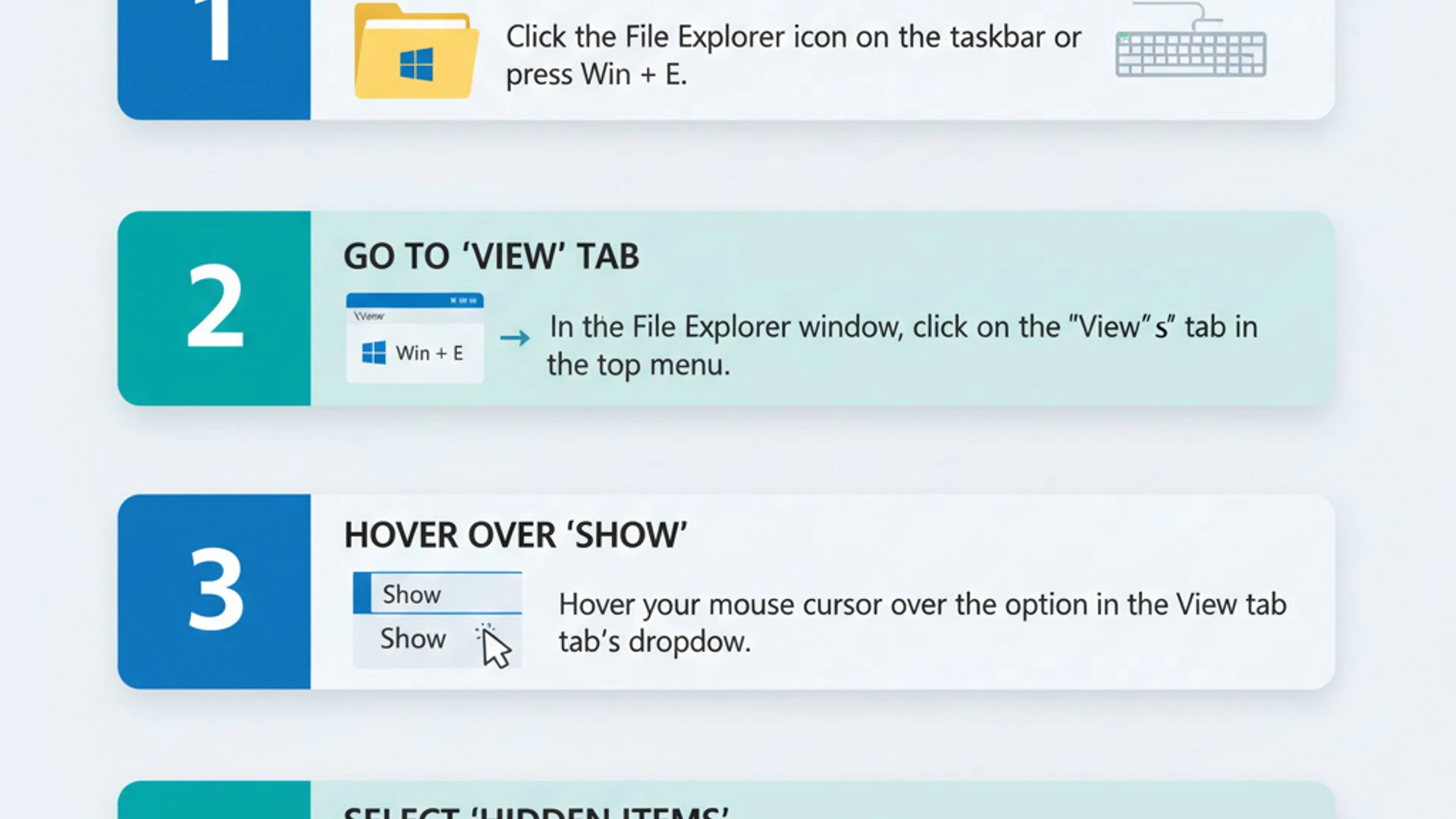 Professional step-by-step diagram for How to see hidden files in Windows 11, clean infographic style