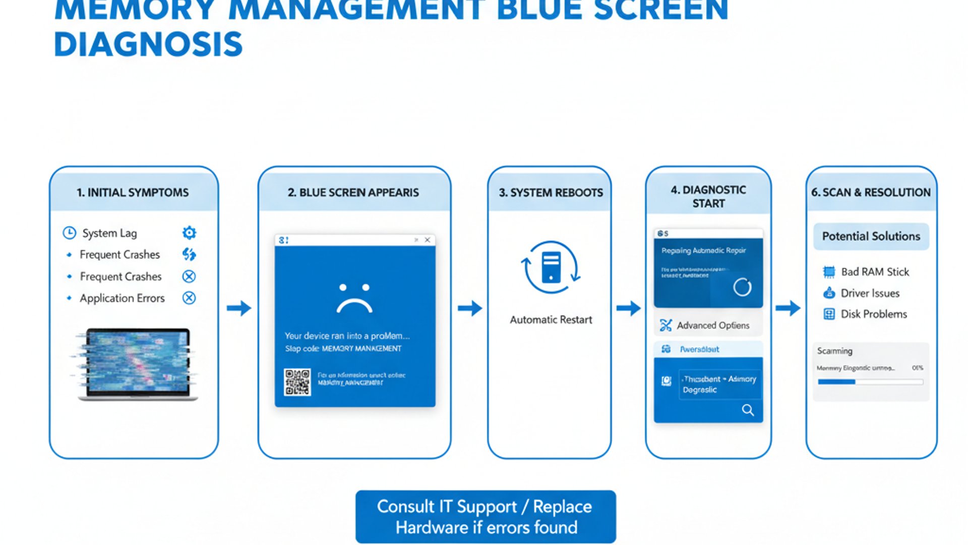 Professional step-by-step diagram for memory manager blue screen on Windows 11, clean infographic st Professional step-by-step diagram for memory manager blue screen on Windows 11, clean infographic st