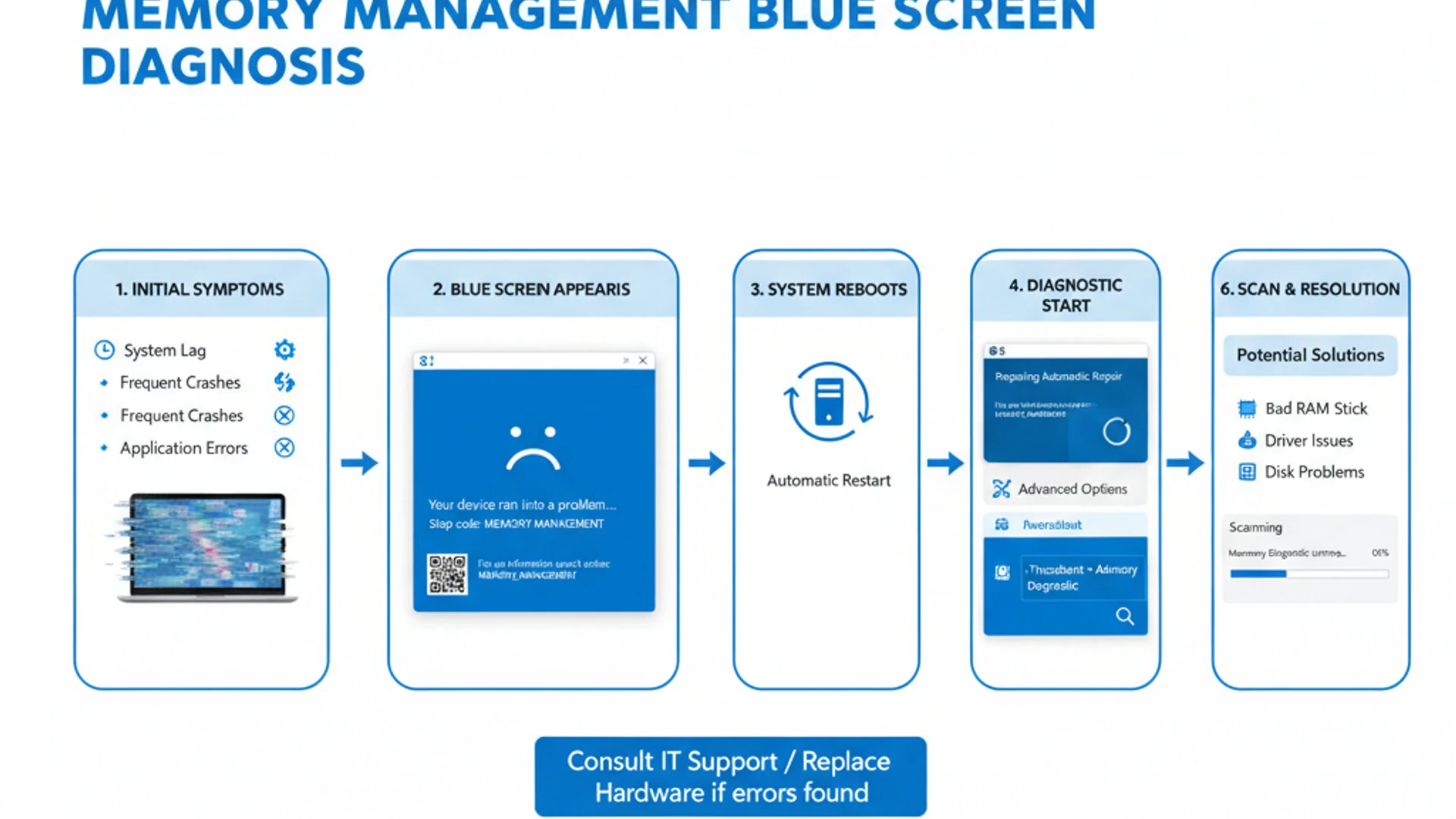 Professional step-by-step diagram for memory manager blue screen on Windows 11, clean infographic st Professional step-by-step diagram for memory manager blue screen on Windows 11, clean infographic st
