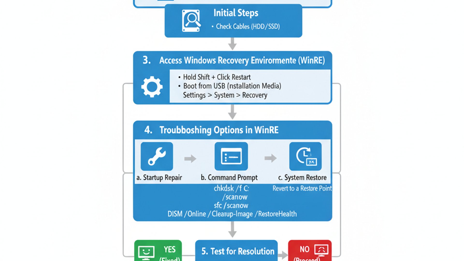 Professional step-by-step diagram for ntfs sys blue screen on Windows 11, clean infographic style, t