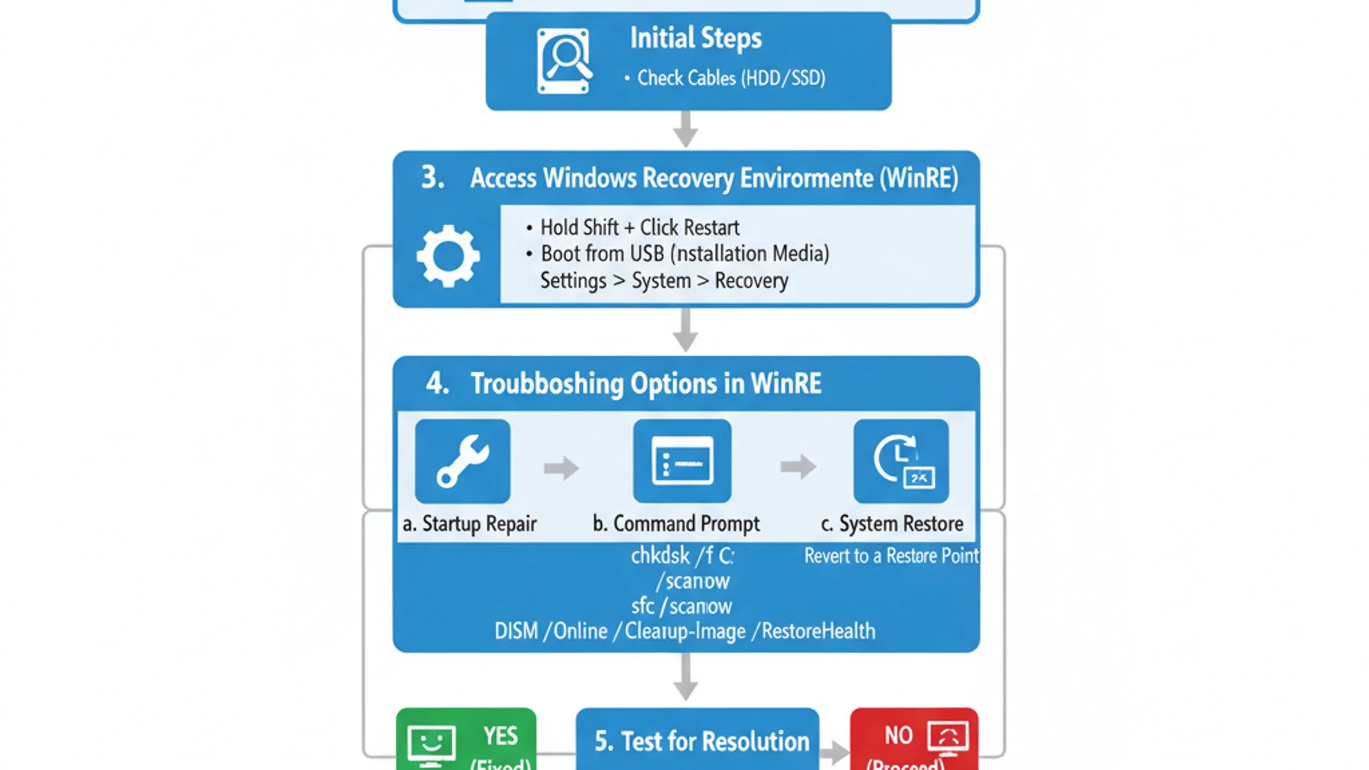 Professional step-by-step diagram for ntfs sys blue screen on Windows 11, clean infographic style, t