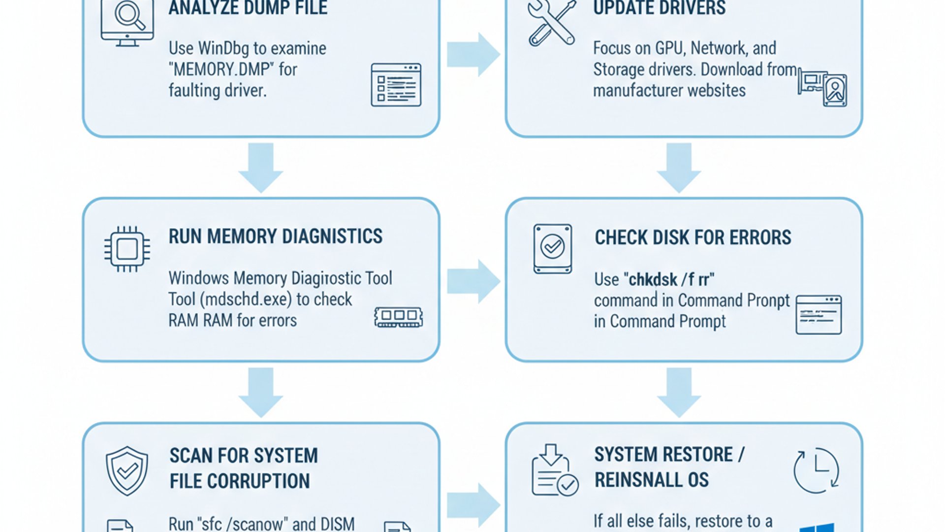 Professional step-by-step diagram for ntoskrnl exe blue screen on Windows 11, clean infographic styl