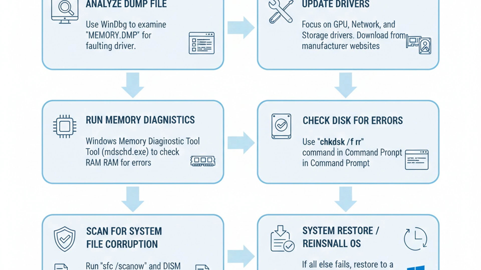 Professional step-by-step diagram for ntoskrnl exe blue screen on Windows 11, clean infographic styl