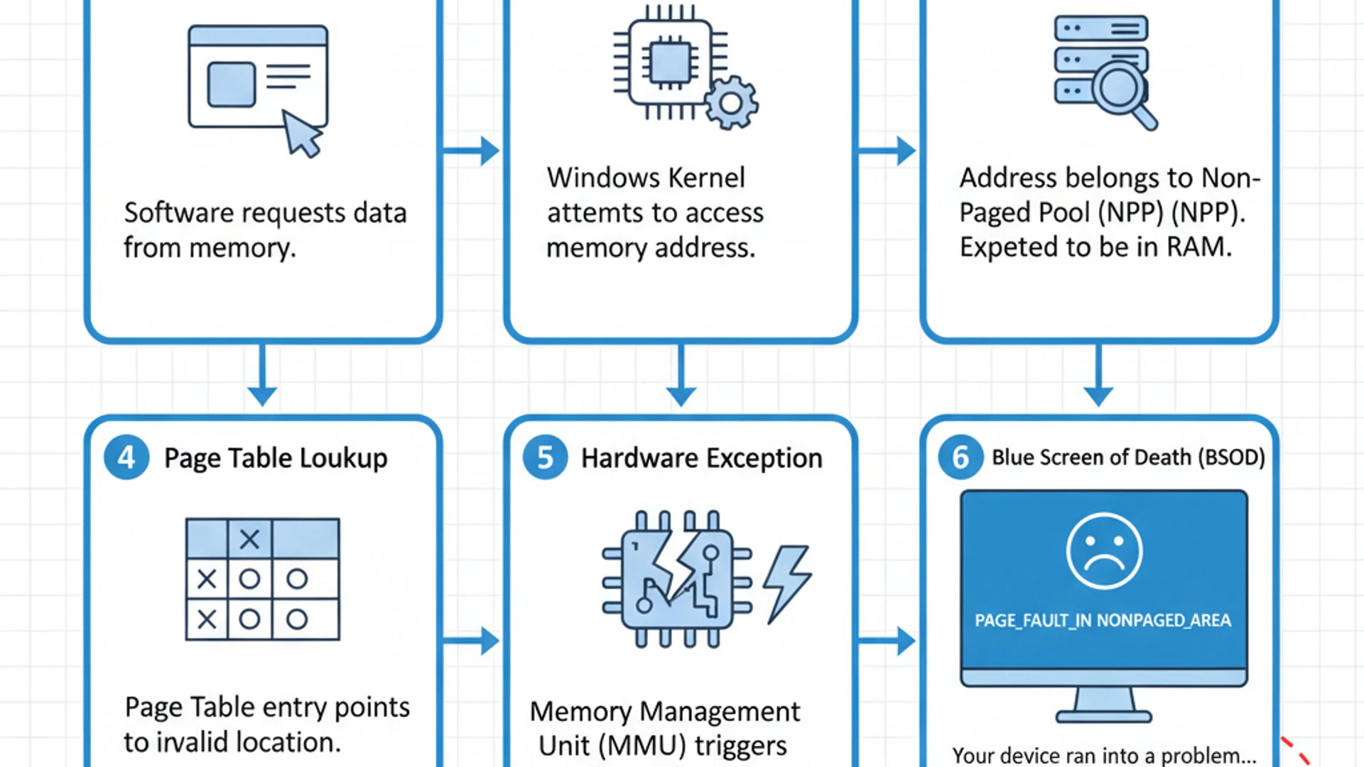 Professional step-by-step diagram for PAGE_FAULT_IN_NONPAGED_AREA on Windows 11, clean infographic s
