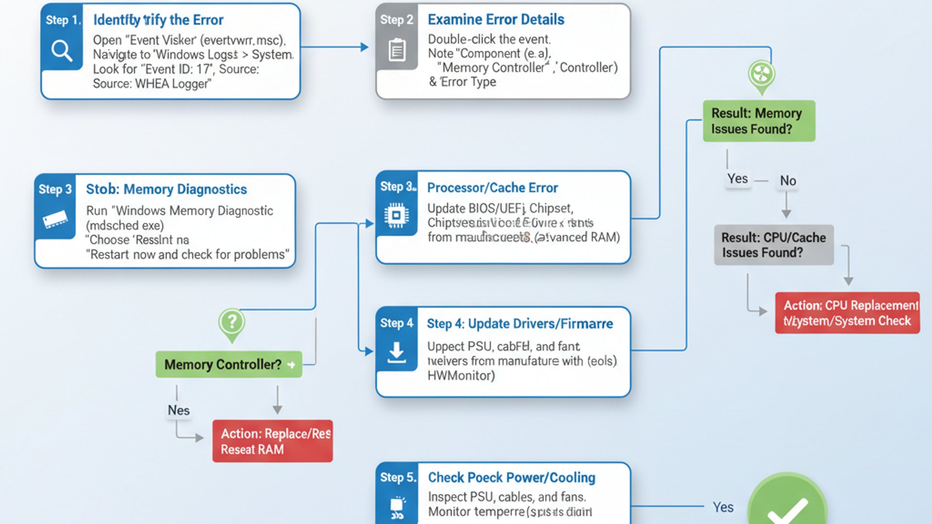 Professional step-by-step diagram for WHEA Logger Event 17 on Windows 11, clean infographic style, t