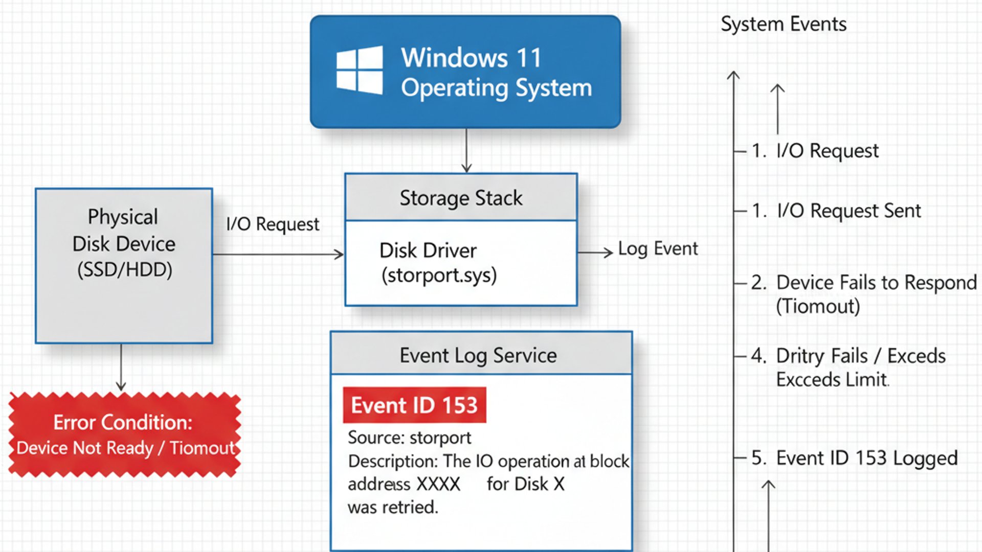 Technical diagram for Event ID 153 on Windows 11, clean and professional