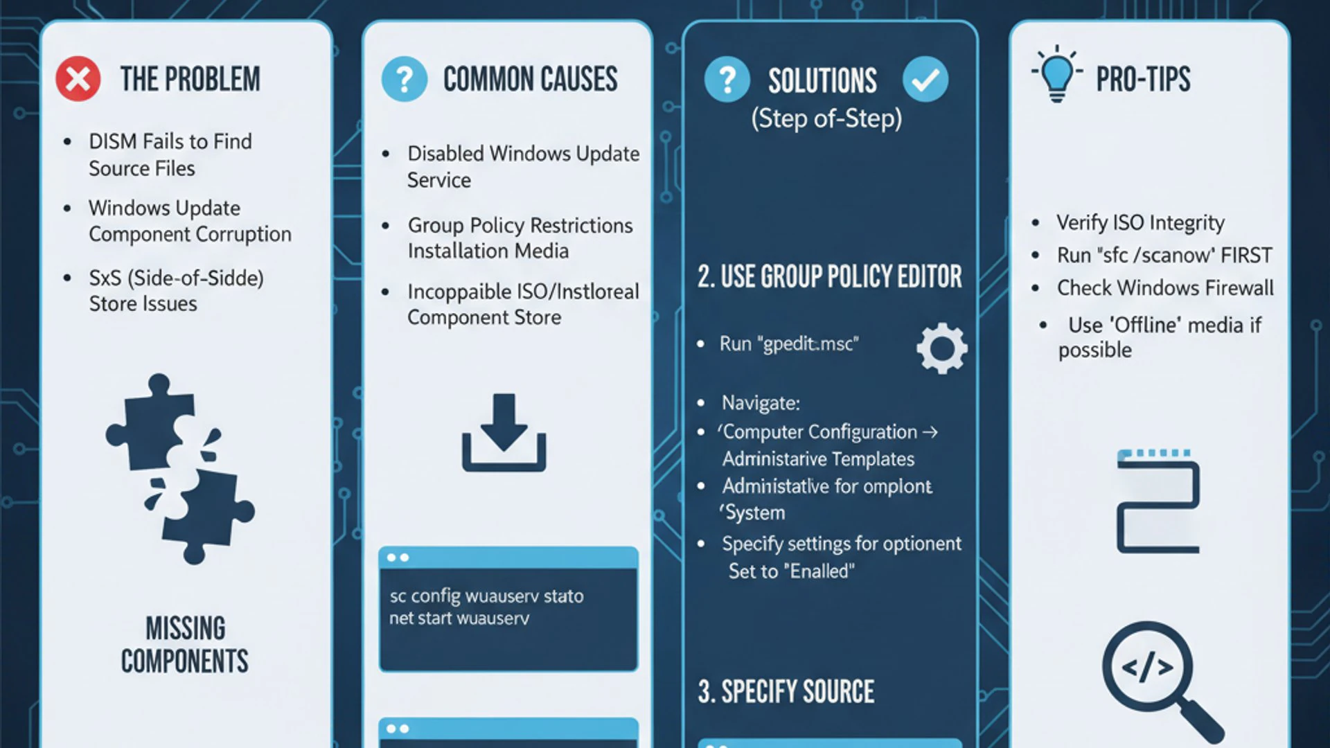 Technical guide visual for 0x800f081f dism, educational infographic