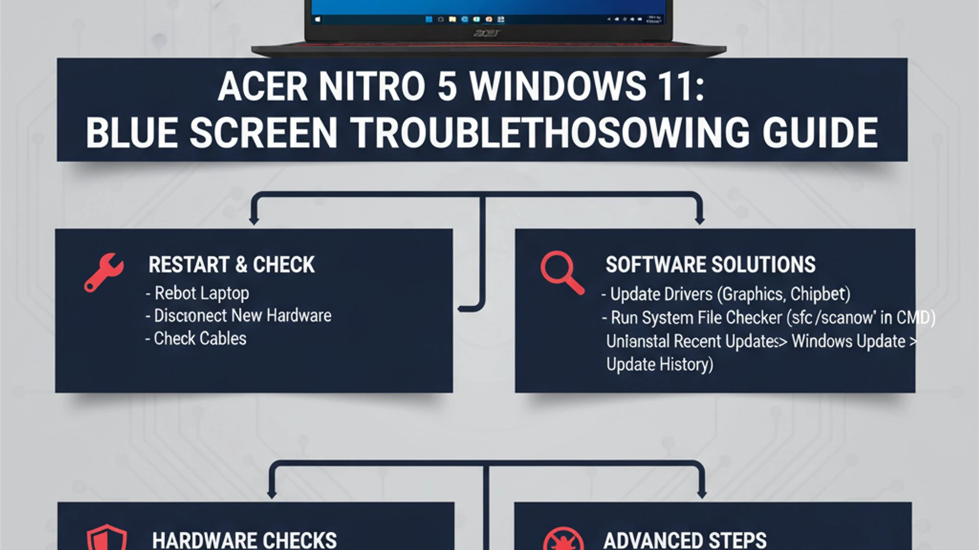Technical guide visual for acer nitro 5 blue screen on Windows 11, educational infographic