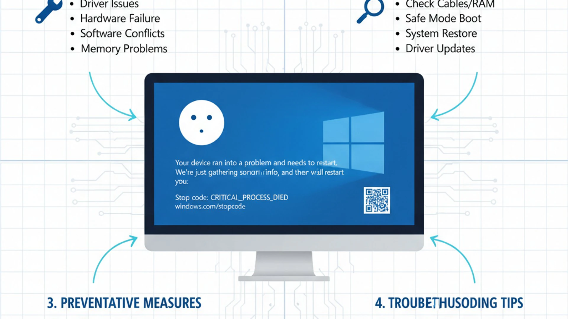 Technical guide visual for blue screen of death on Windows 11, educational infographic