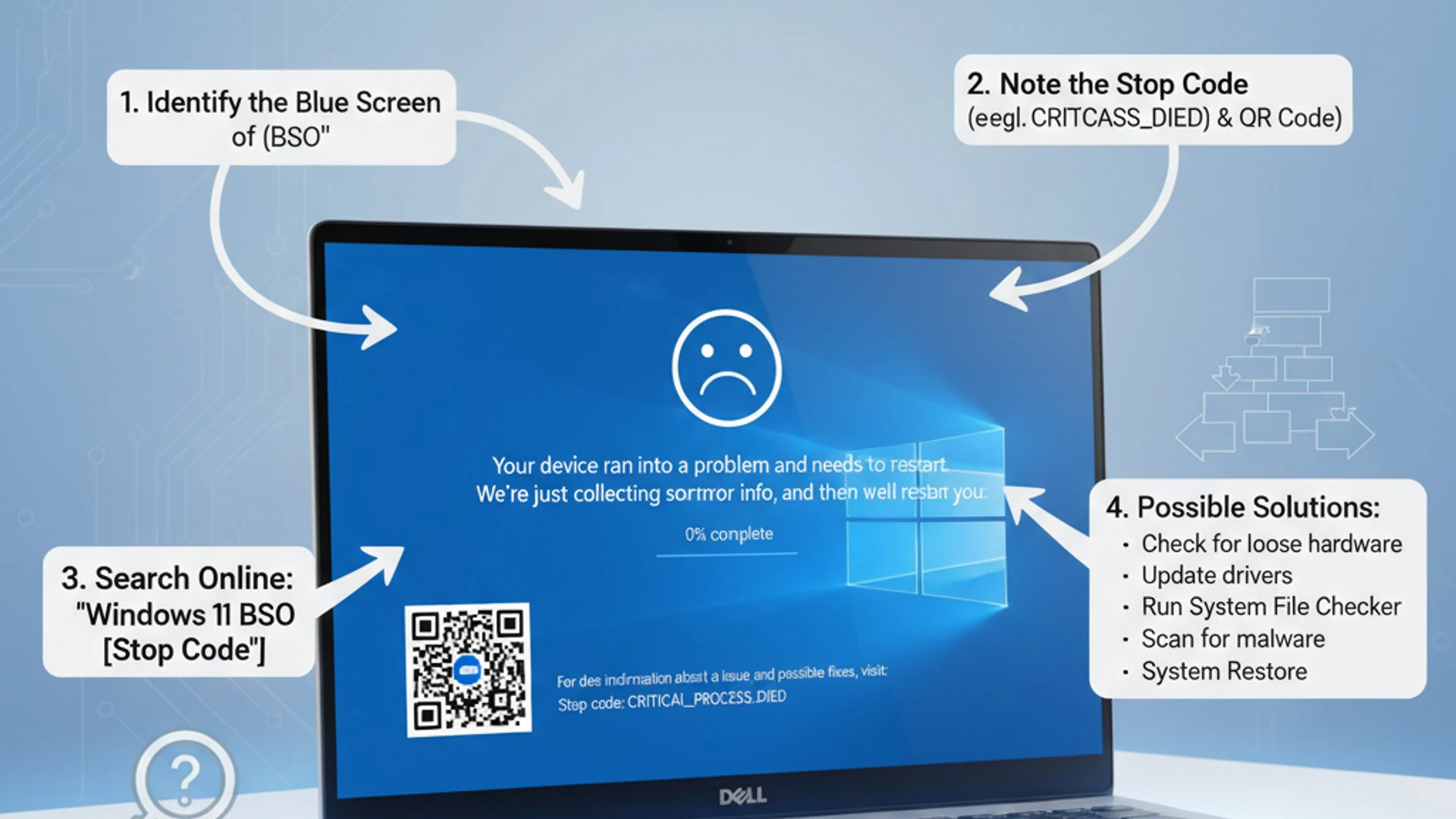 Technical guide visual for Dell Laptop Bluescreen on Windows 11, educational infographic