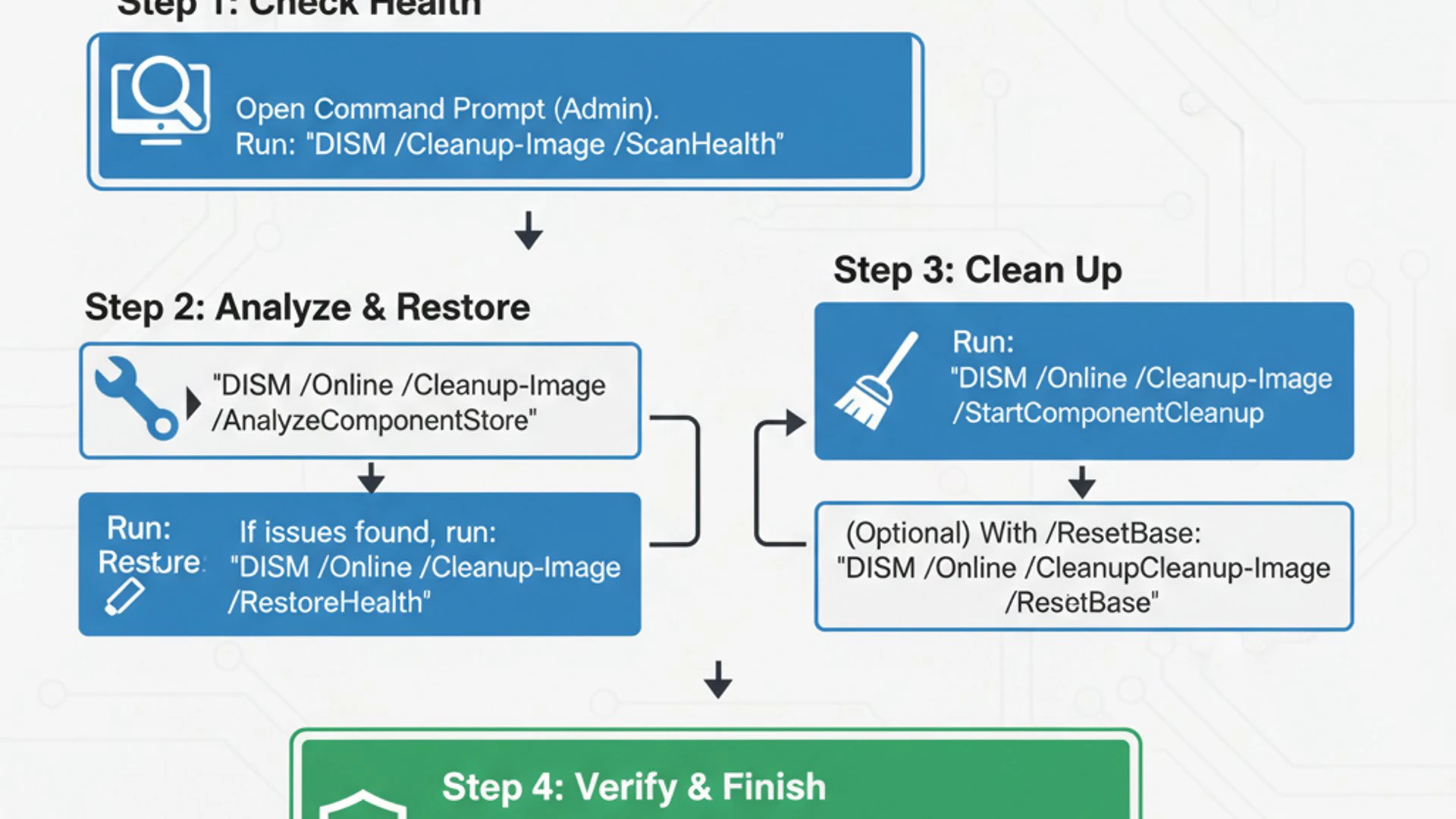 Technical guide visual for dism cleanup image, educational infographic