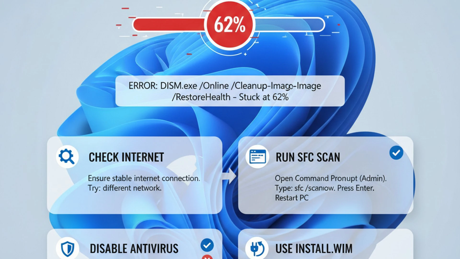 Technical guide visual for DISM RestoreHealth stuck at 62% Windows 11, educational infographic