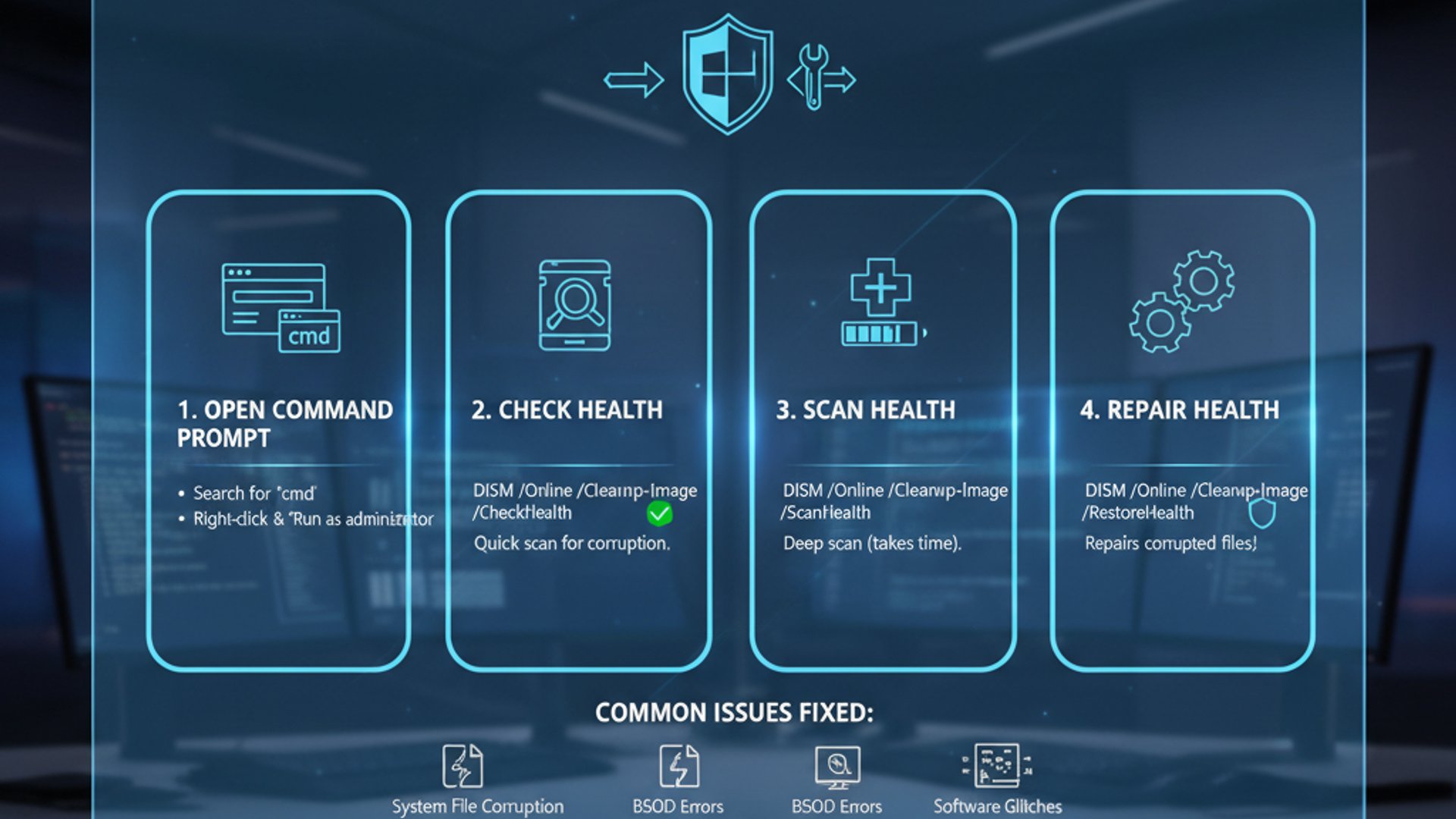 Technical guide visual for DISM on Windows 11, educational infographic